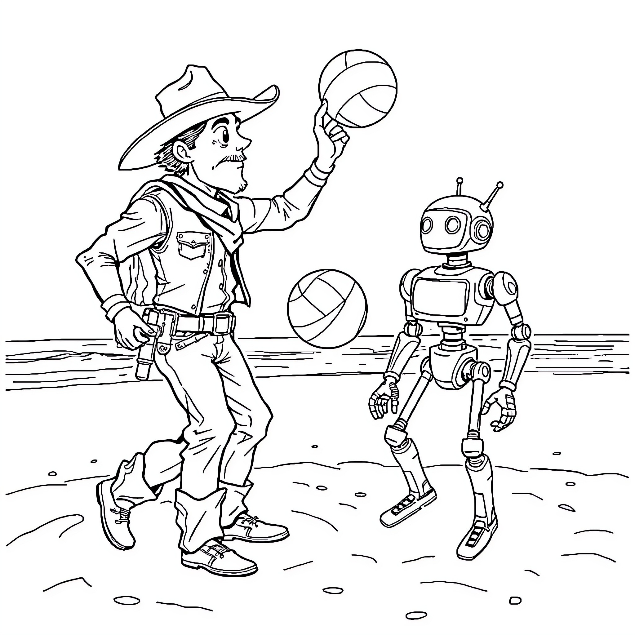 Cowboy and robot playing with balls in the desert Coloring Page (free black-and-white line drawing printable PDF for all, from beginners to advanced learners, including children, teens, adults, and seniors)