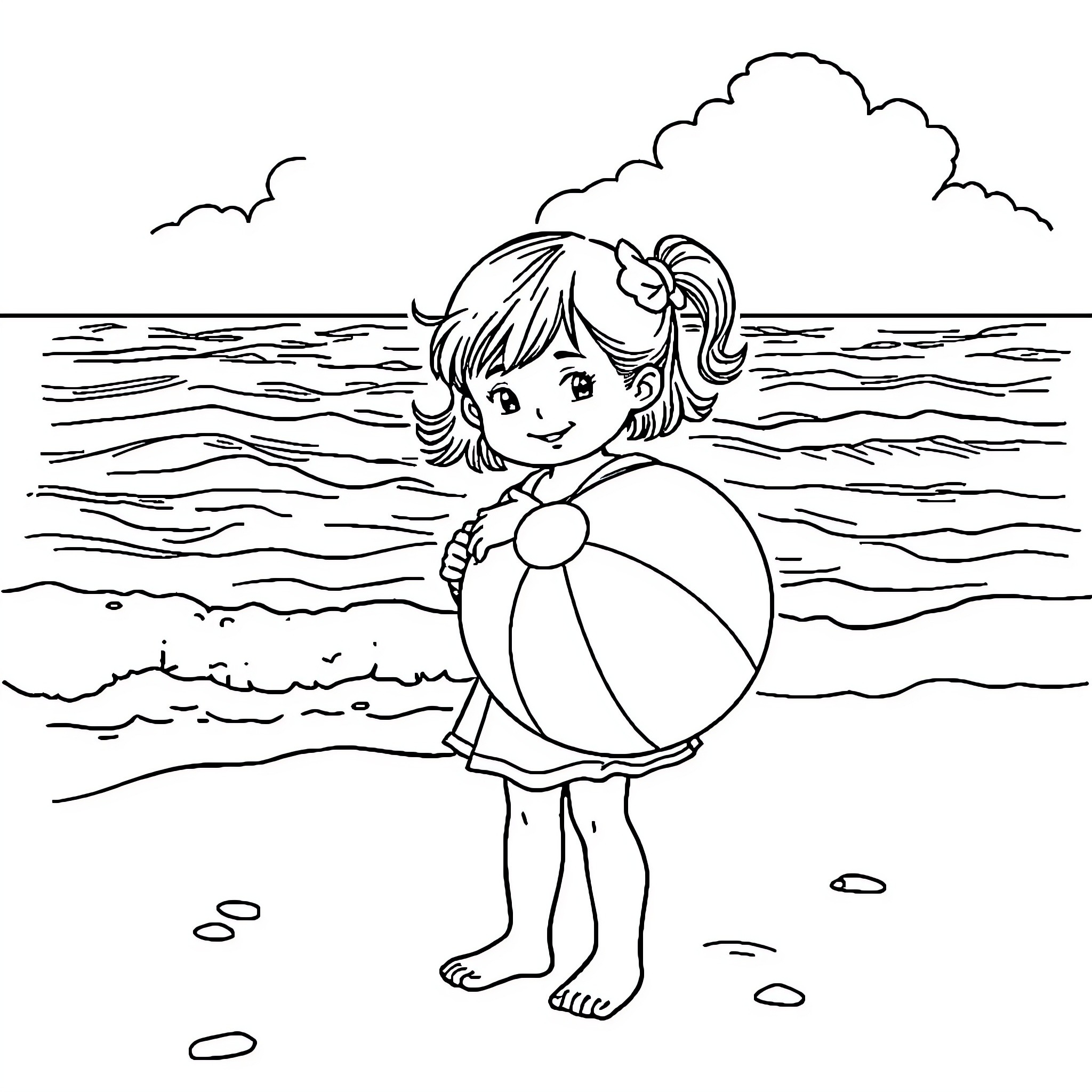Girl playing with beach ball by the sea Coloring Page (free black-and-white line drawing printable PDF for all, from beginners to advanced learners, including children, teens, adults, and seniors)