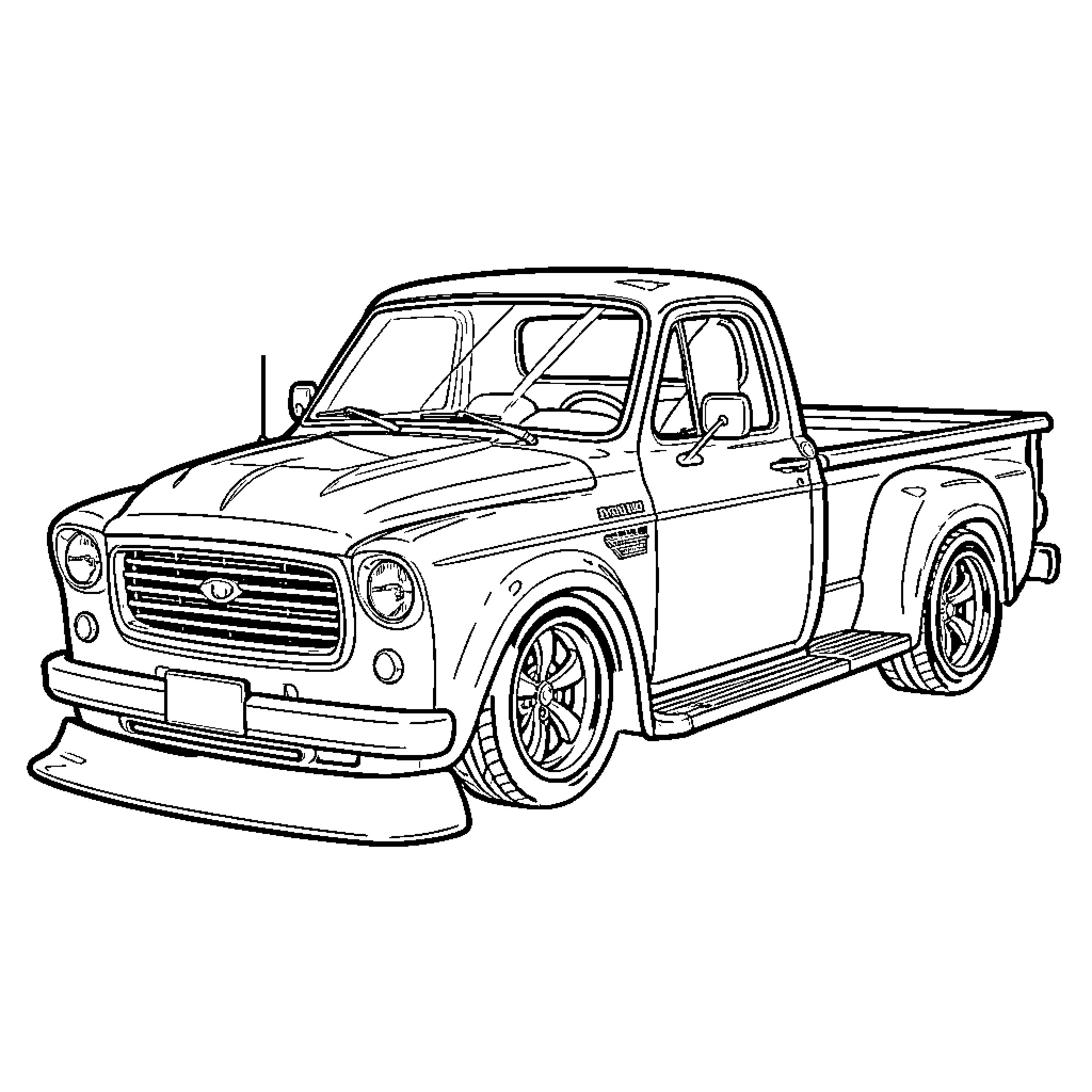 Pickup truck with stylish modifications Coloring Page (free black-and-white line drawing printable PDF for all, from beginners to advanced learners, including children, teens, adults, and seniors)