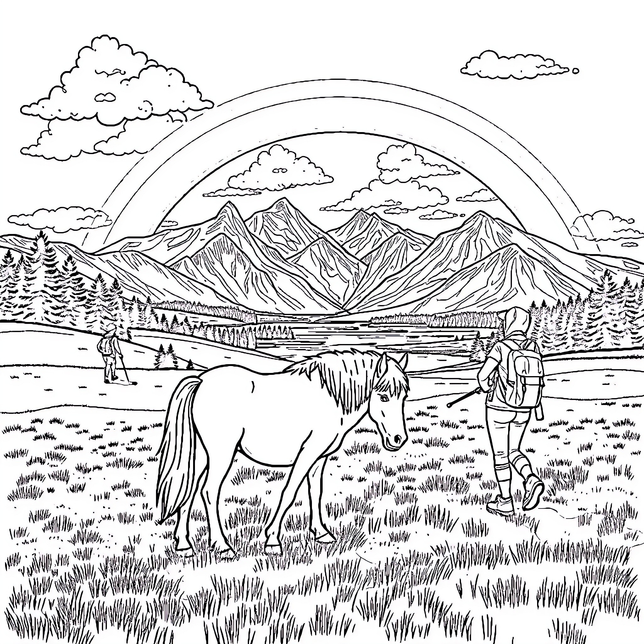 Pony grazing peacefully in scenic mountain landscape Coloring Page (free black-and-white line drawing printable PDF for all, from beginners to advanced learners, including children, teens, adults, and seniors)