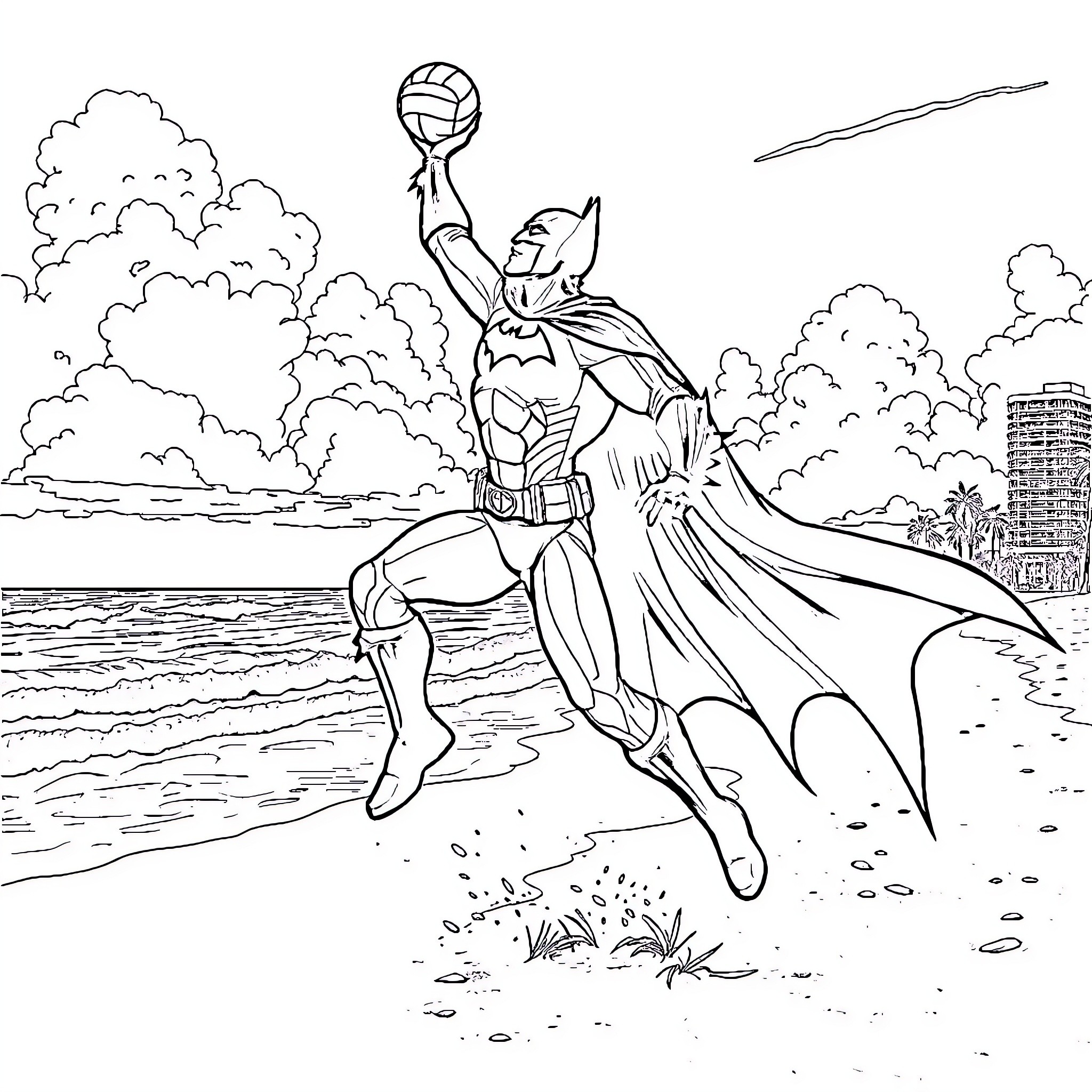 Batman soaring over the city with determination Coloring Page (free black-and-white line drawing printable PDF for all, from beginners to advanced learners, including children, teens, adults, and seniors)