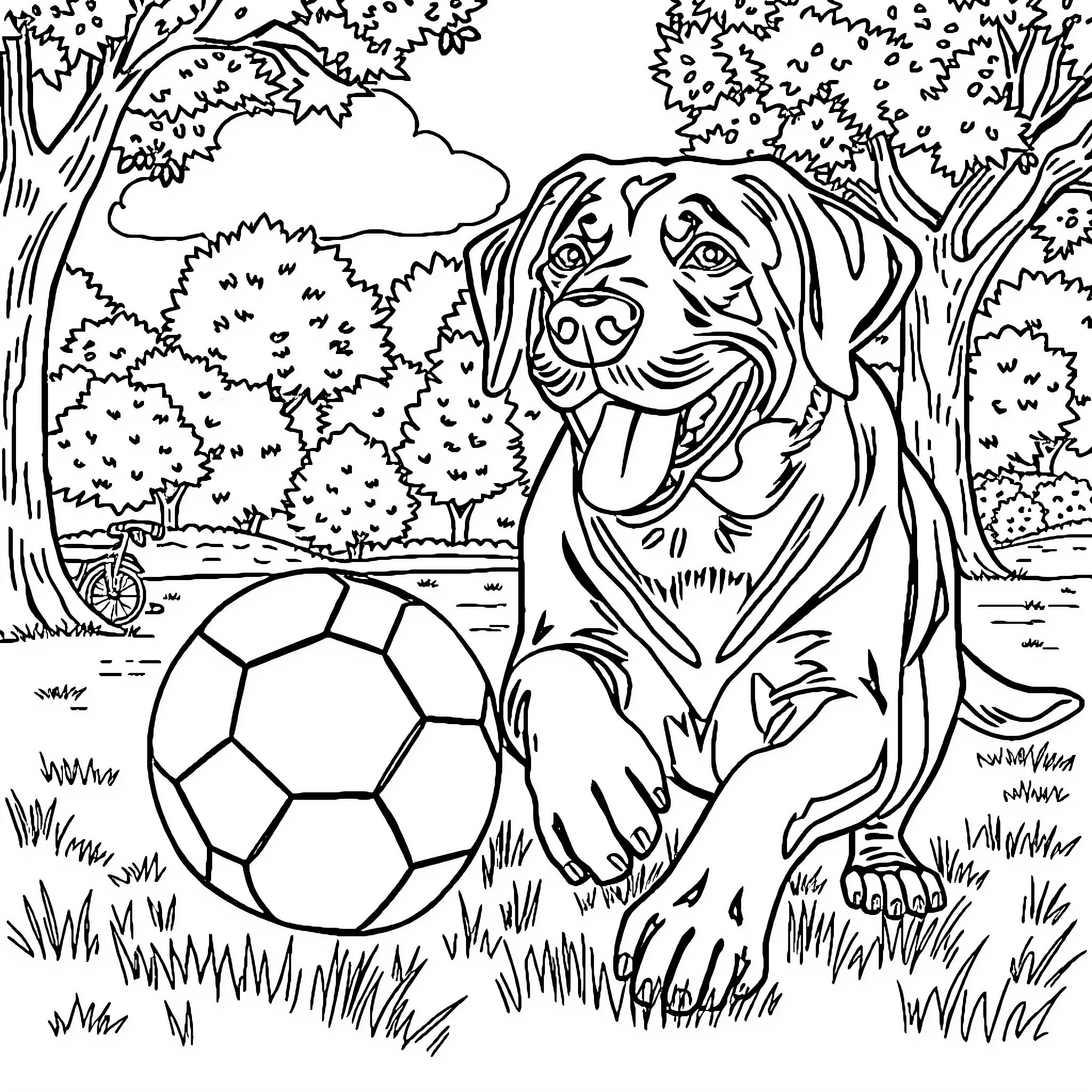 Labrador playing with soccer ball in the park Coloring Page (free black-and-white line drawing printable PDF for all, from beginners to advanced learners, including children, teens, adults, and seniors)