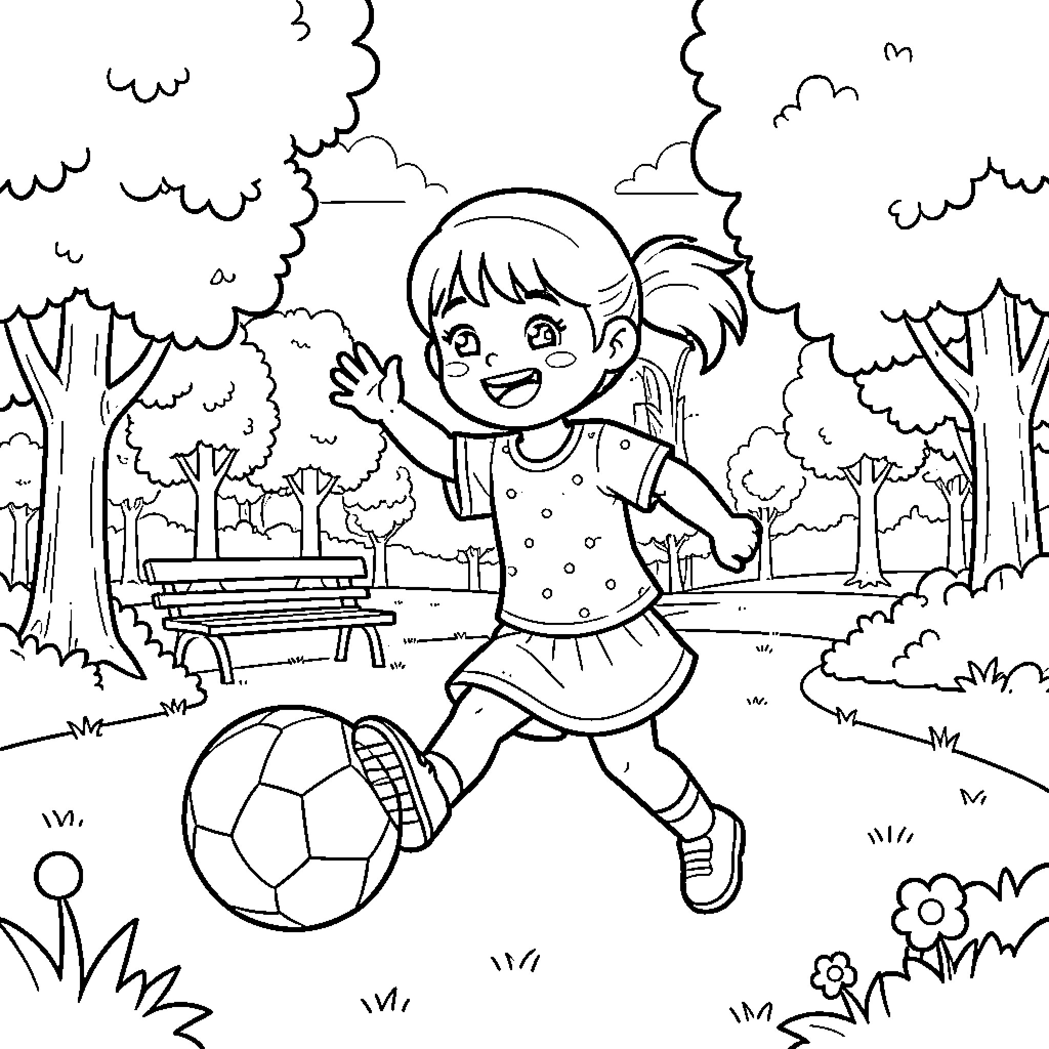 Nina enjoying playtime in the park Coloring Page (free black-and-white line drawing printable PDF for all, from beginners to advanced learners, including children, teens, adults, and seniors)