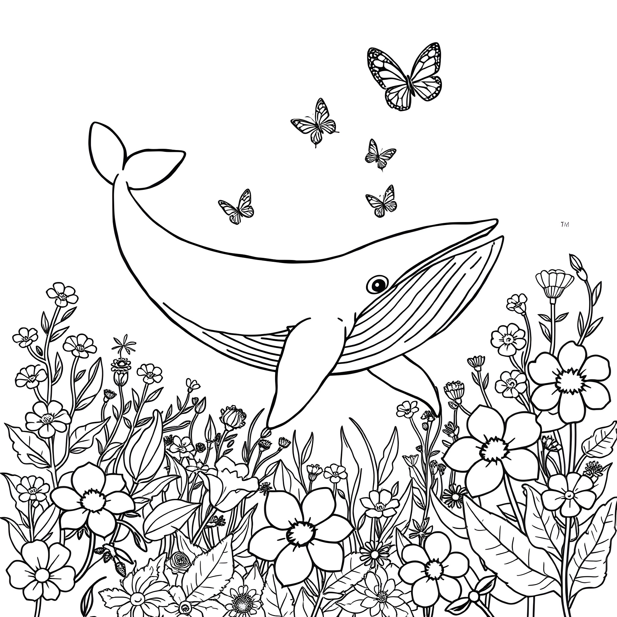 Whale among flowers and butterflies Coloring Page (free black-and-white line drawing printable PDF for all, from beginners to advanced learners, including children, teens, adults, and seniors)