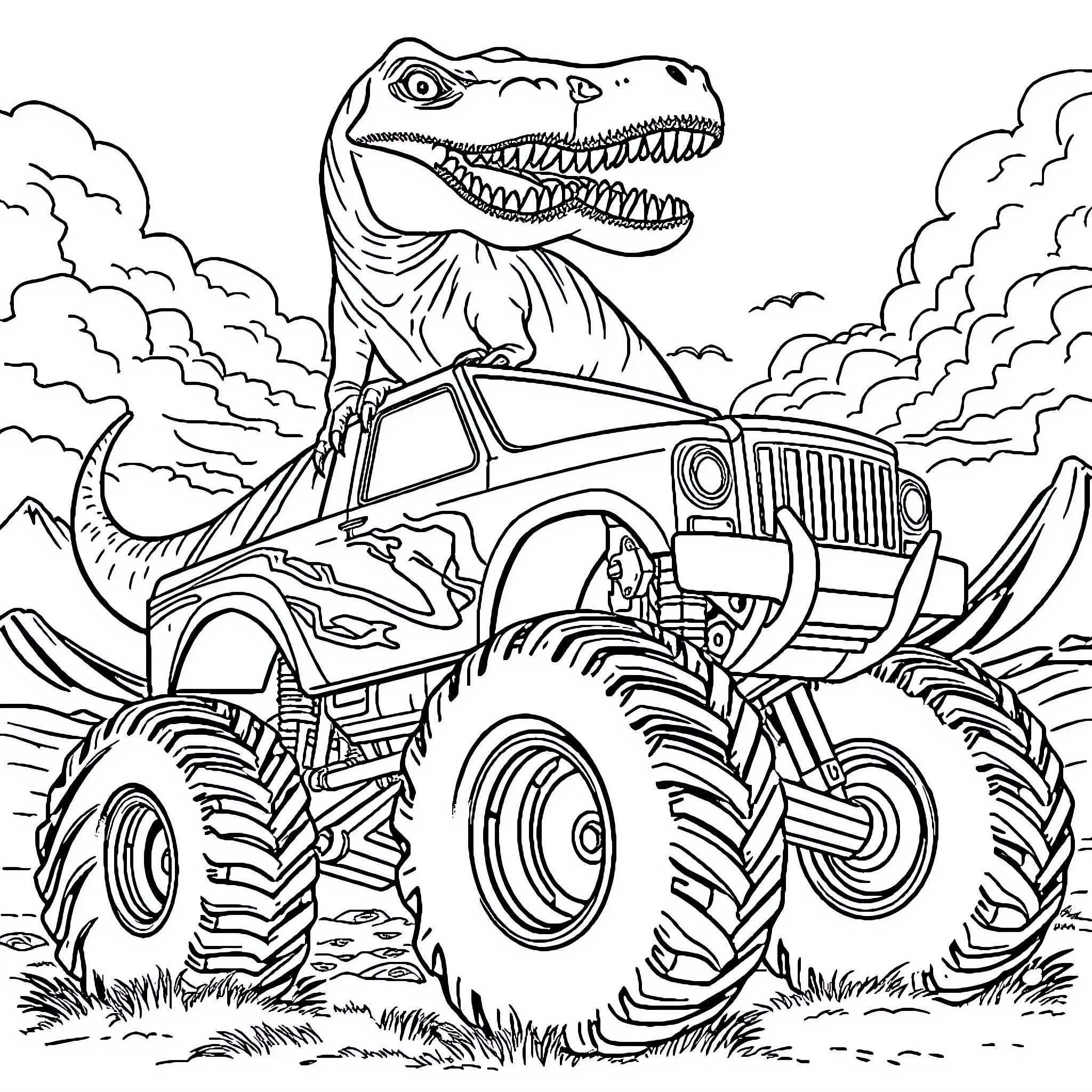 T-Rex Monster Truck Roams the Rugged Landscape Coloring Page (free black-and-white line drawing printable PDF for all, from beginners to advanced learners, including children, teens, adults, and seniors)