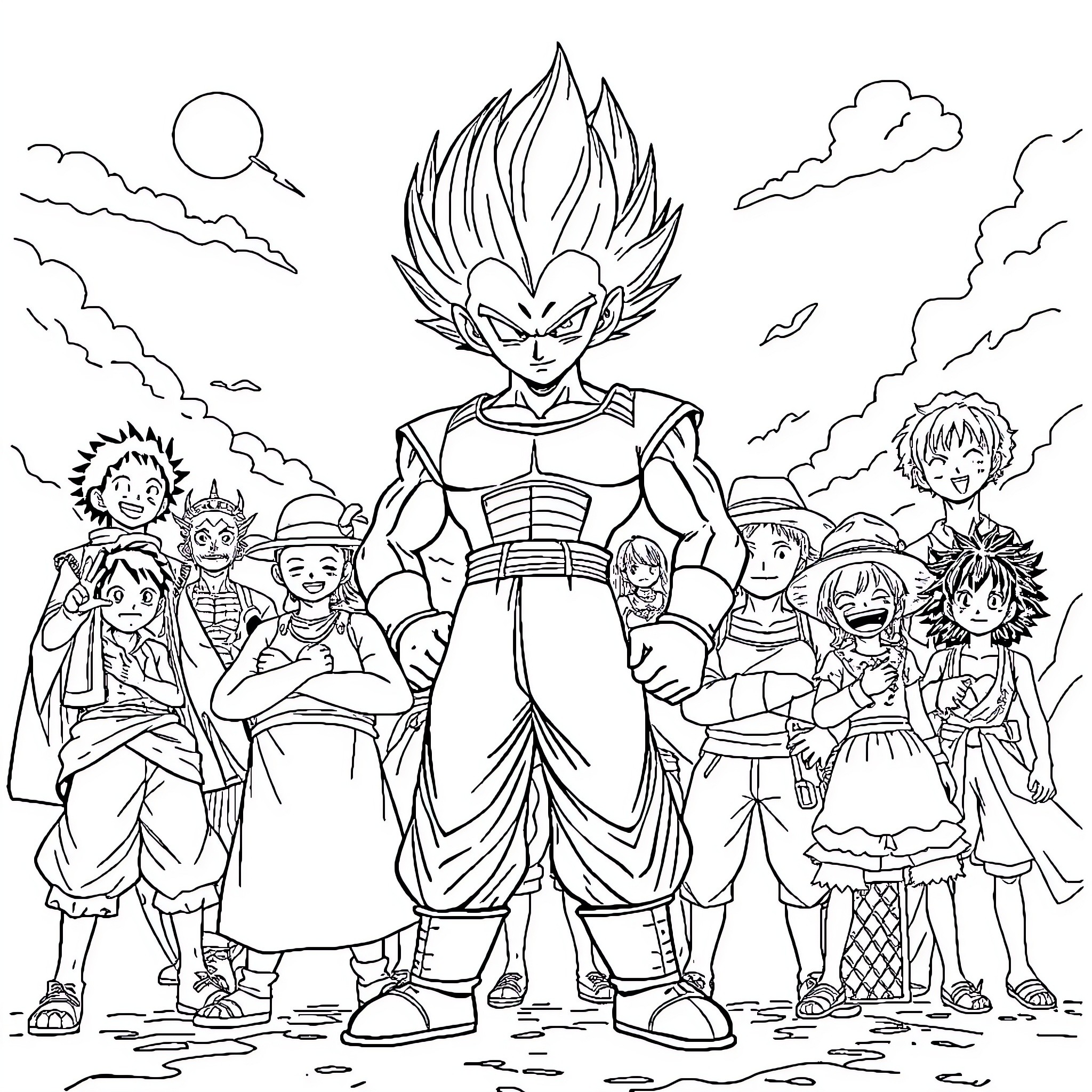 Vegeta and his allies in epic action poses Coloring Page (free black-and-white line drawing printable PDF for all, from beginners to advanced learners, including children, teens, adults, and seniors)
