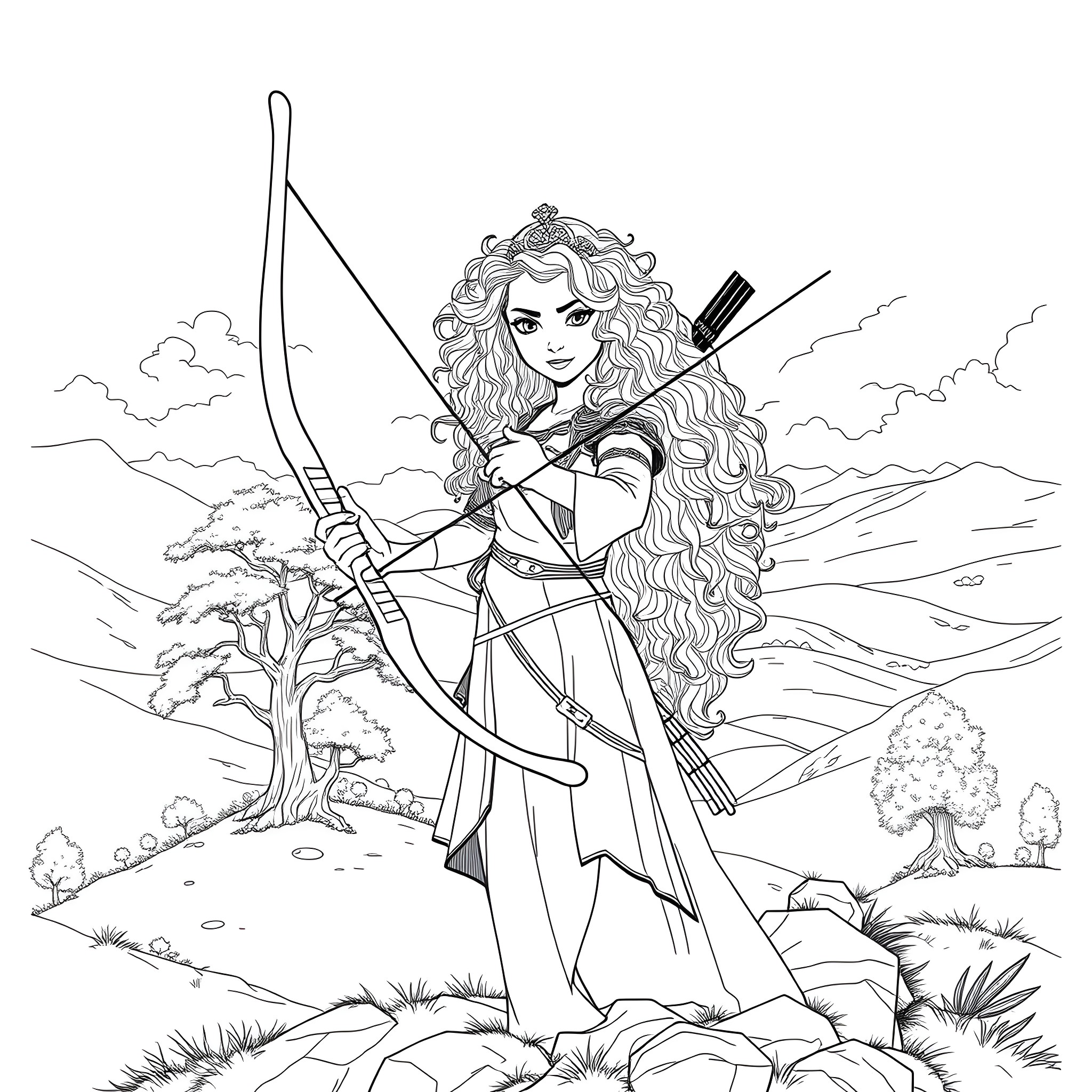 Merida, the Brave Princess Archer in Nature Coloring Page (free black-and-white line drawing printable PDF for all, from beginners to advanced learners, including children, teens, adults, and seniors)
