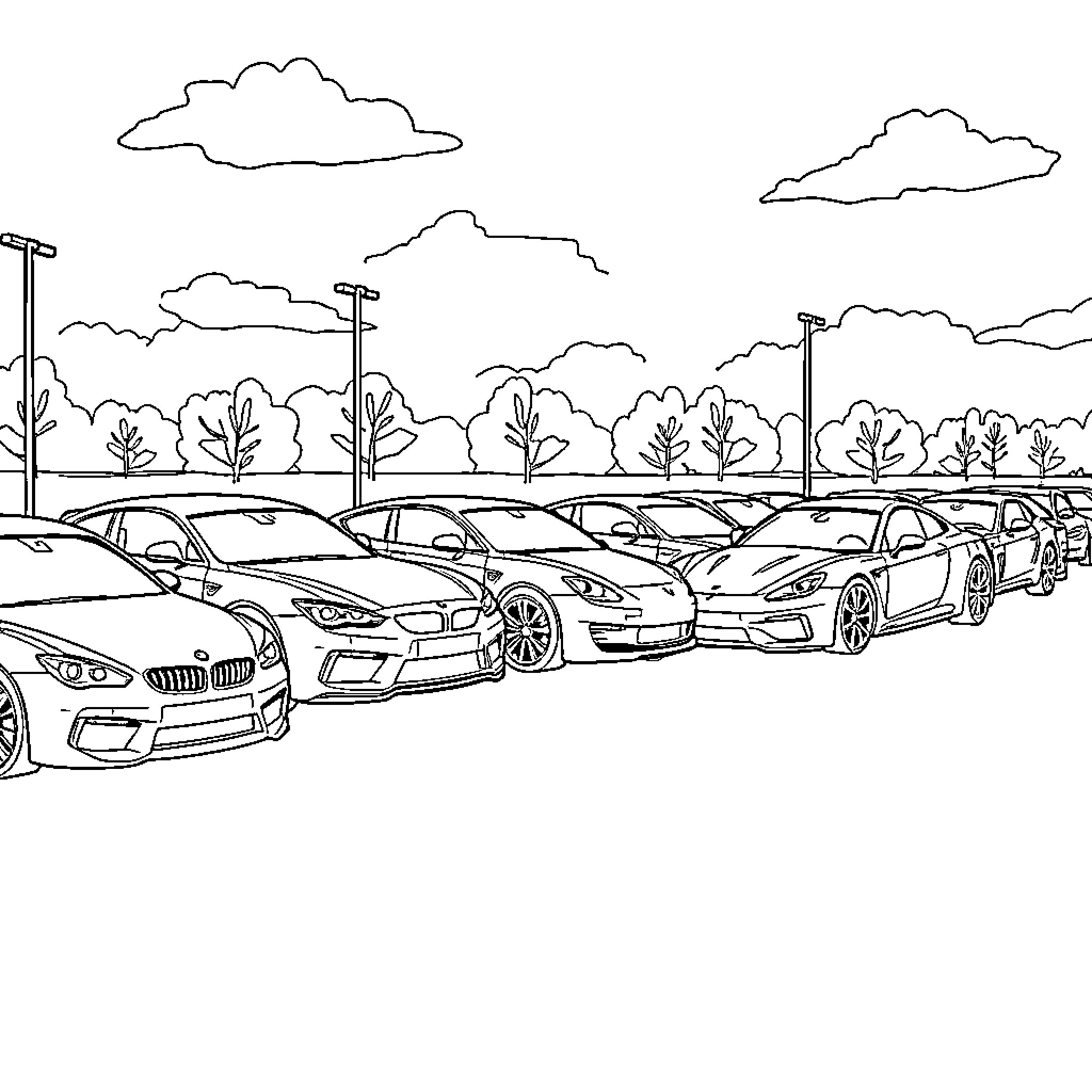 Car Dealership with Various Models on Display Coloring Page (free black-and-white line drawing printable PDF for all, from beginners to advanced learners, including children, teens, adults, and seniors)