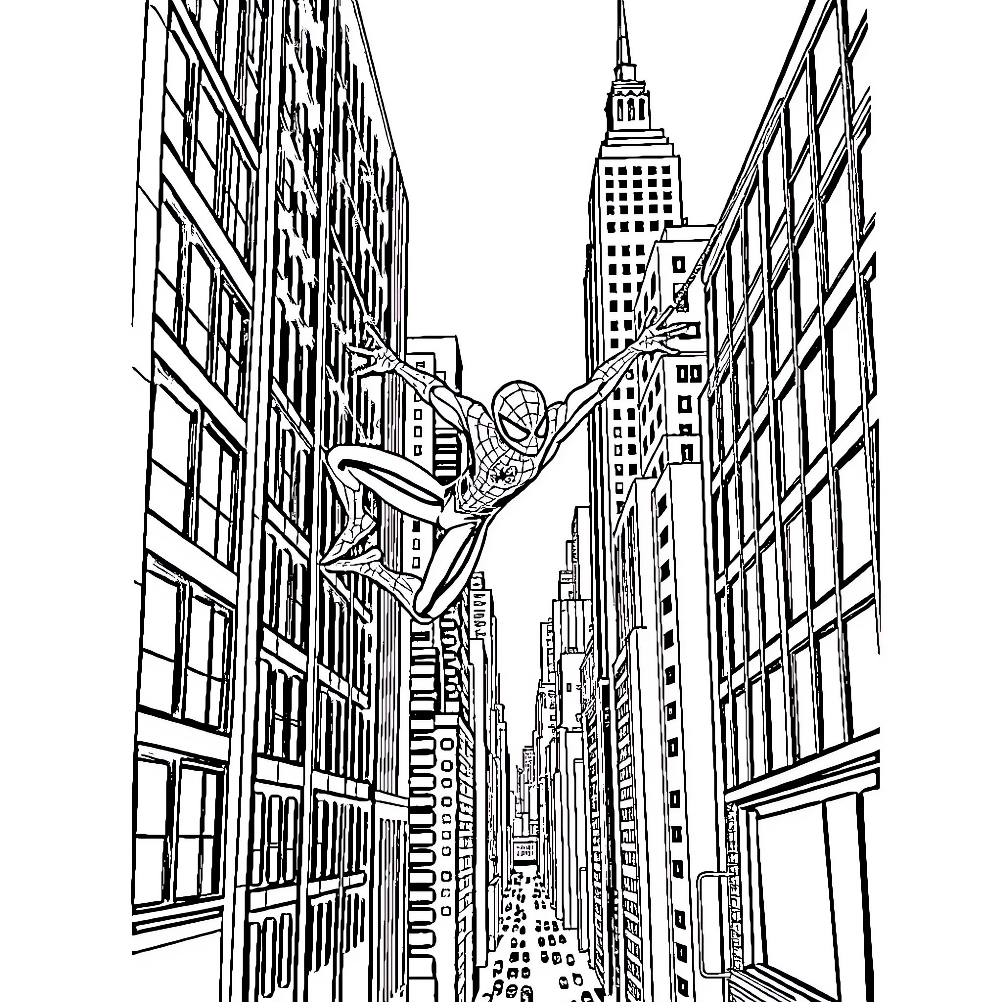 Spidy swinging through the skyscrapers Coloring Page (free black-and-white line drawing printable PDF for all, from beginners to advanced learners, including children, teens, adults, and seniors)