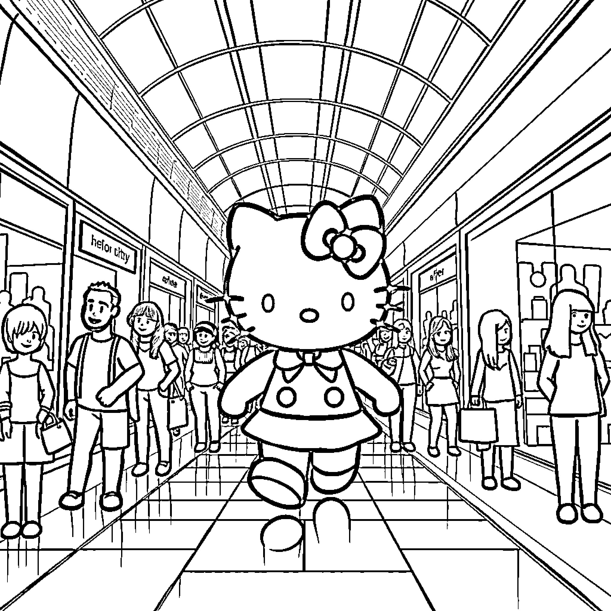 Hello Kitty in a crowded city shopping mall Coloring Page (free black-and-white line drawing printable PDF for all, from beginners to advanced learners, including children, teens, adults, and seniors)