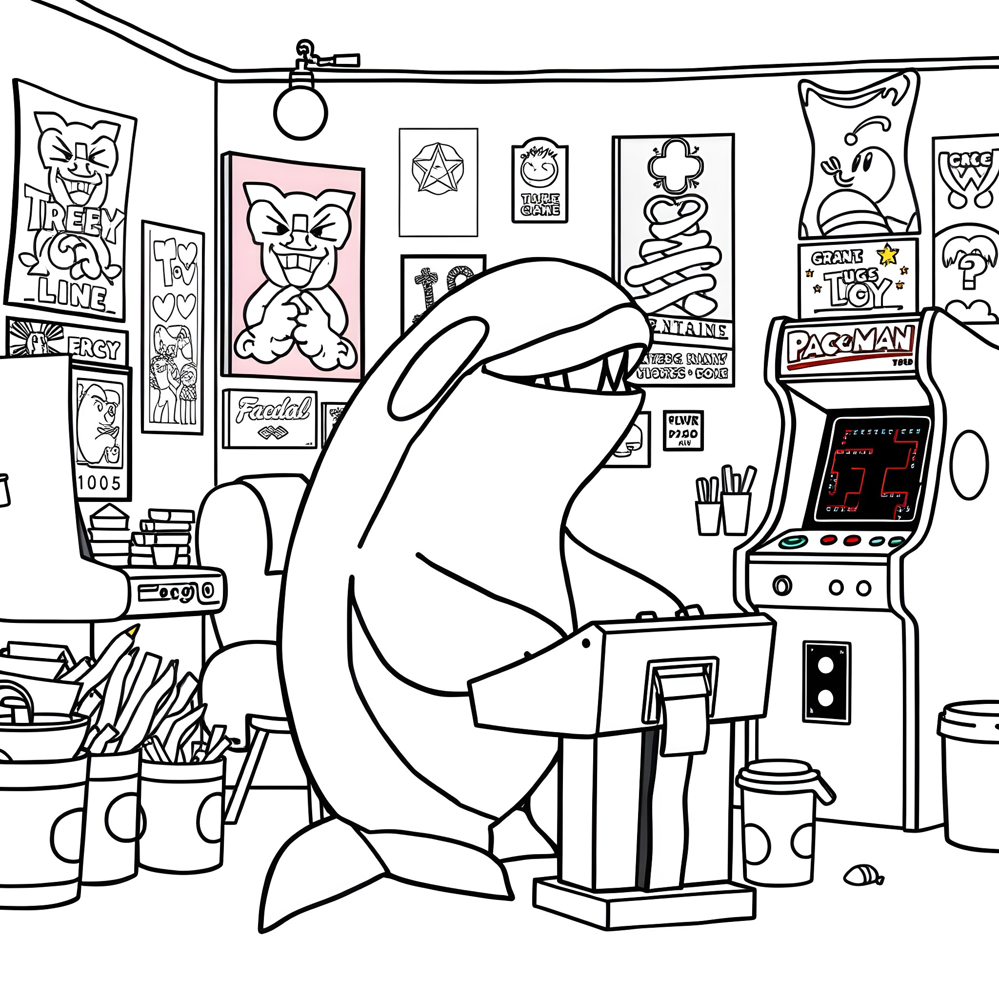 Orca playing video games in a retro arcade Coloring Page (free black-and-white line drawing printable PDF for all, from beginners to advanced learners, including children, teens, adults, and seniors)