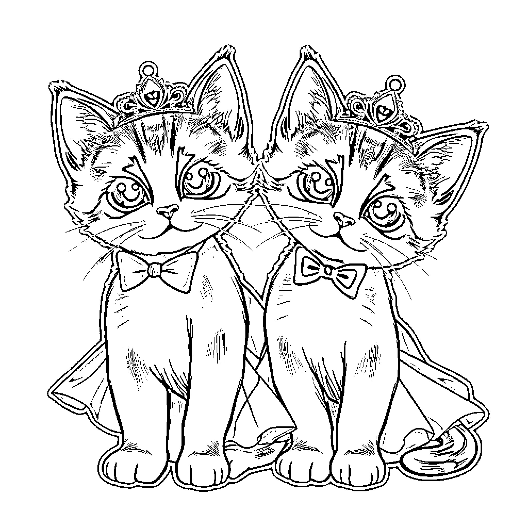 Kittens wearing fancy crowns and bow ties Coloring Page (free black-and-white line drawing printable PDF for all, from beginners to advanced learners, including children, teens, adults, and seniors)
