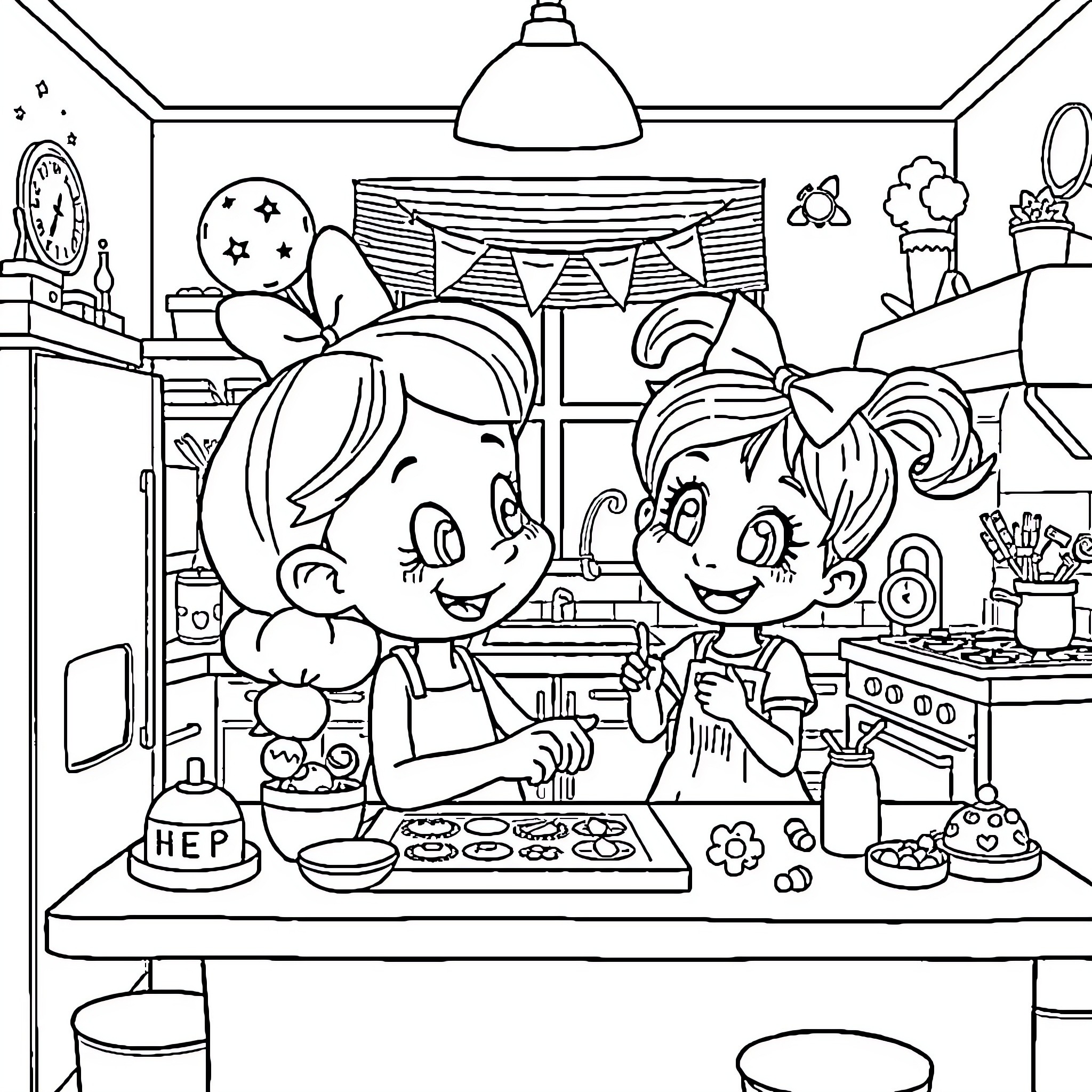Bluey and Bingo baking together in the kitchen Coloring Page (free black-and-white line drawing printable PDF for all, from beginners to advanced learners, including children, teens, adults, and seniors)