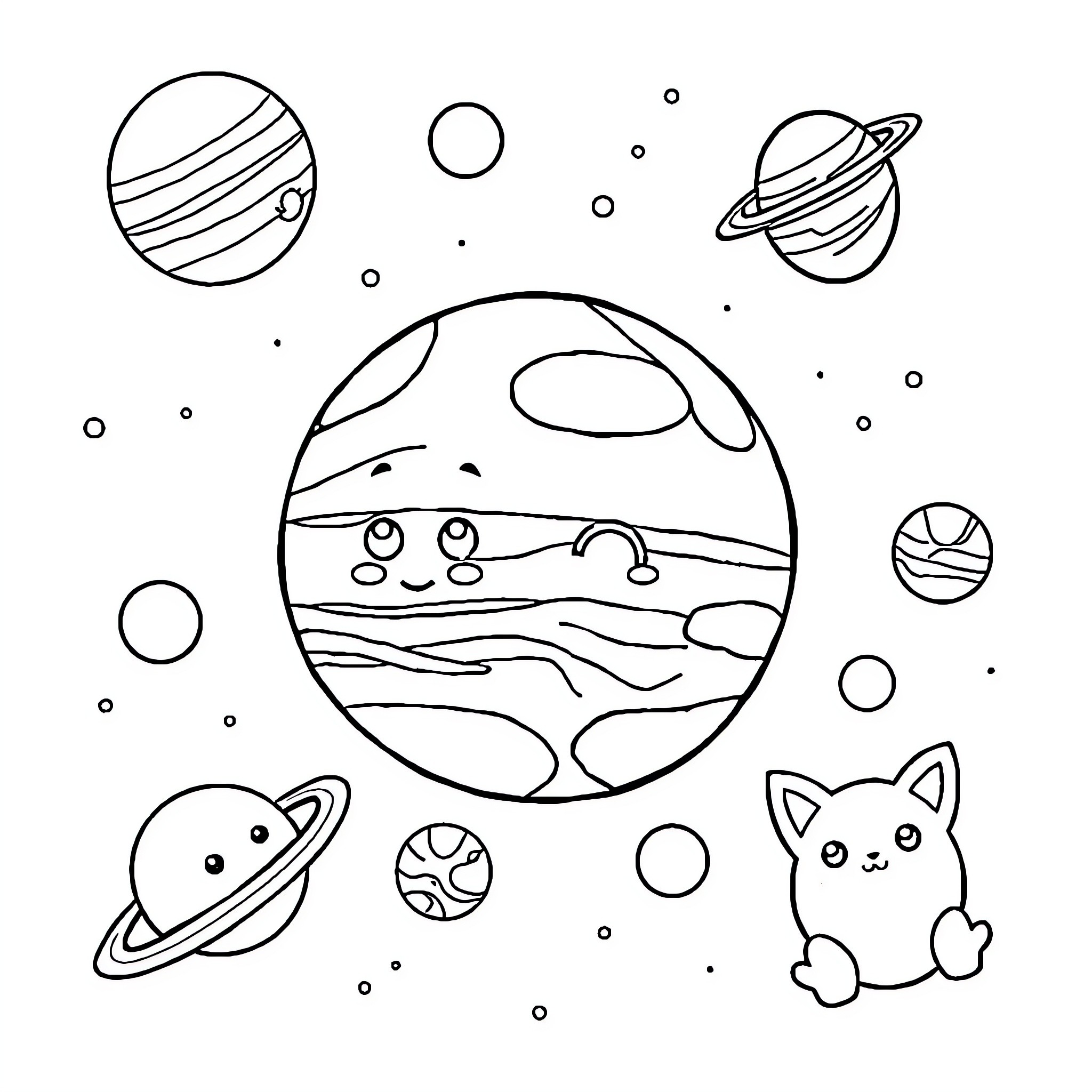 Planet Exploration with Whimsical Celestial Objects Coloring Page (free black-and-white line drawing printable PDF for all, from beginners to advanced learners, including children, teens, adults, and seniors)