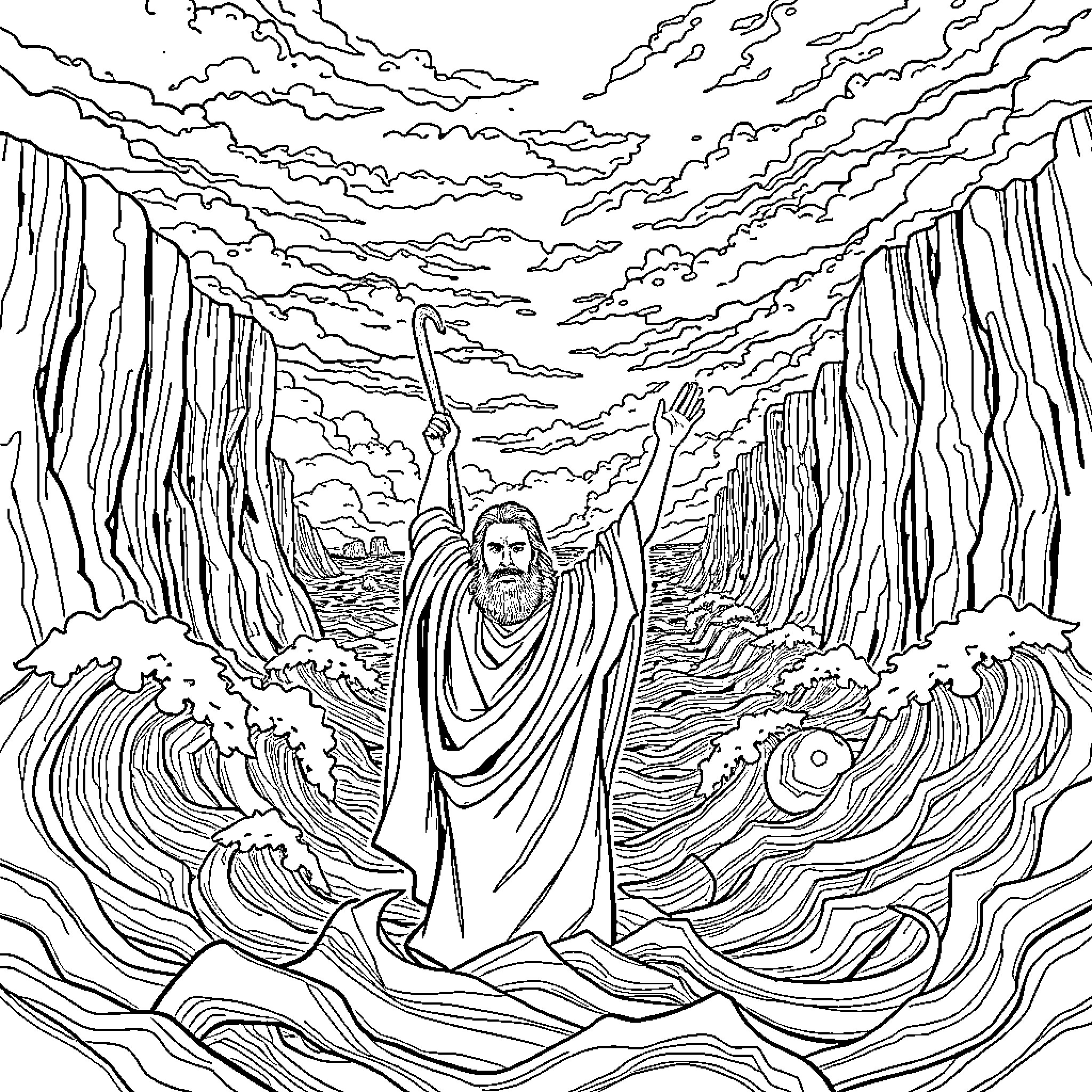 Moses Parting the Seas in Dramatic Landscape Coloring Page (free black-and-white line drawing printable PDF for all, from beginners to advanced learners, including children, teens, adults, and seniors)