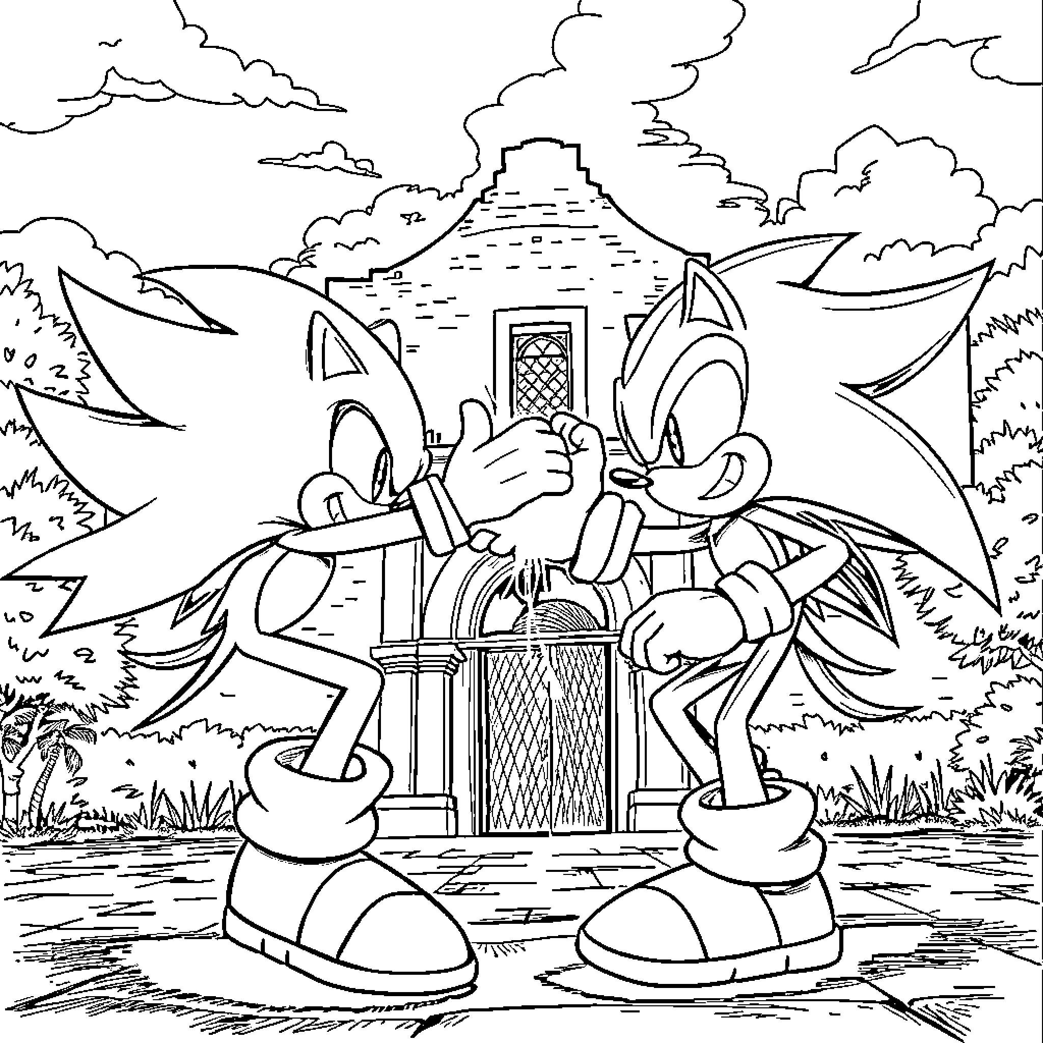 Sonic Characters Exploring an Ancient Ruin Coloring Page (free black-and-white line drawing printable PDF for all, from beginners to advanced learners, including children, teens, adults, and seniors)