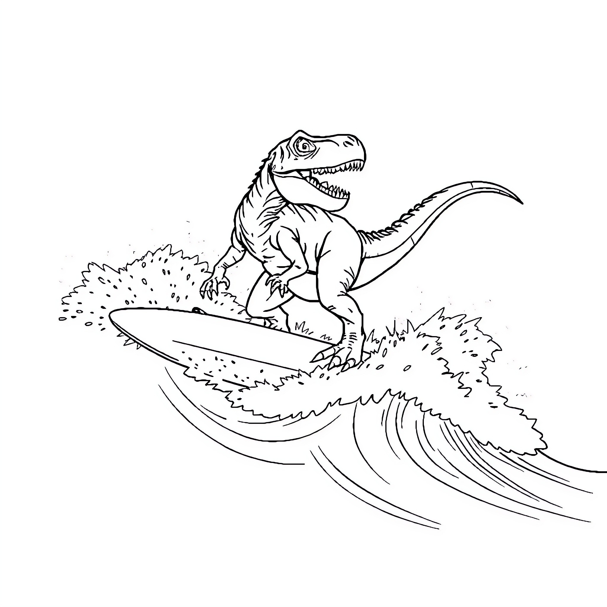 T-Rex surfs fearlessly on giant waves Coloring Page (free black-and-white line drawing printable PDF for all, from beginners to advanced learners, including children, teens, adults, and seniors)