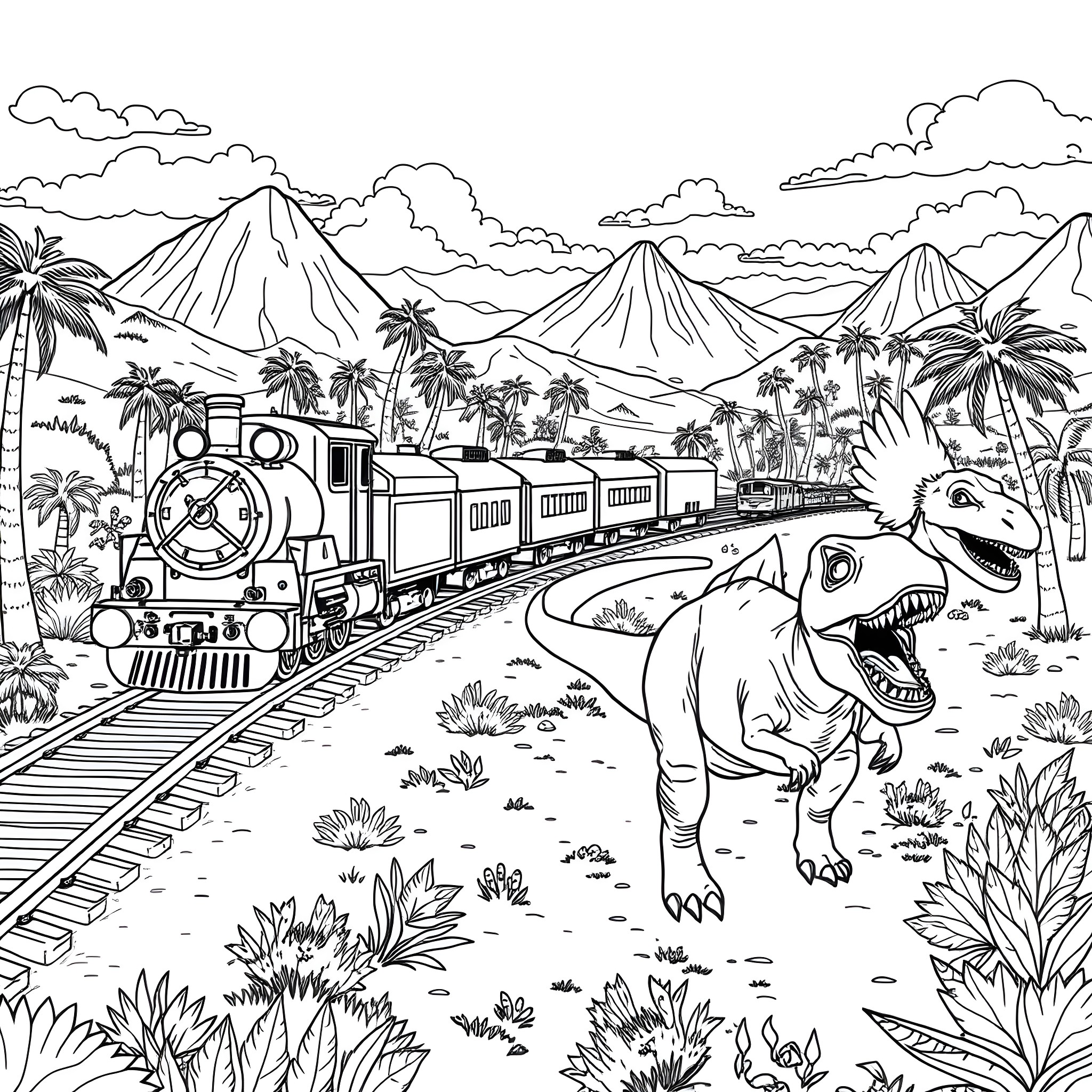 Train traveling through lush tropical landscape with dinosaurs Coloring Page (free black-and-white line drawing printable PDF for all, from beginners to advanced learners, including children, teens, adults, and seniors)