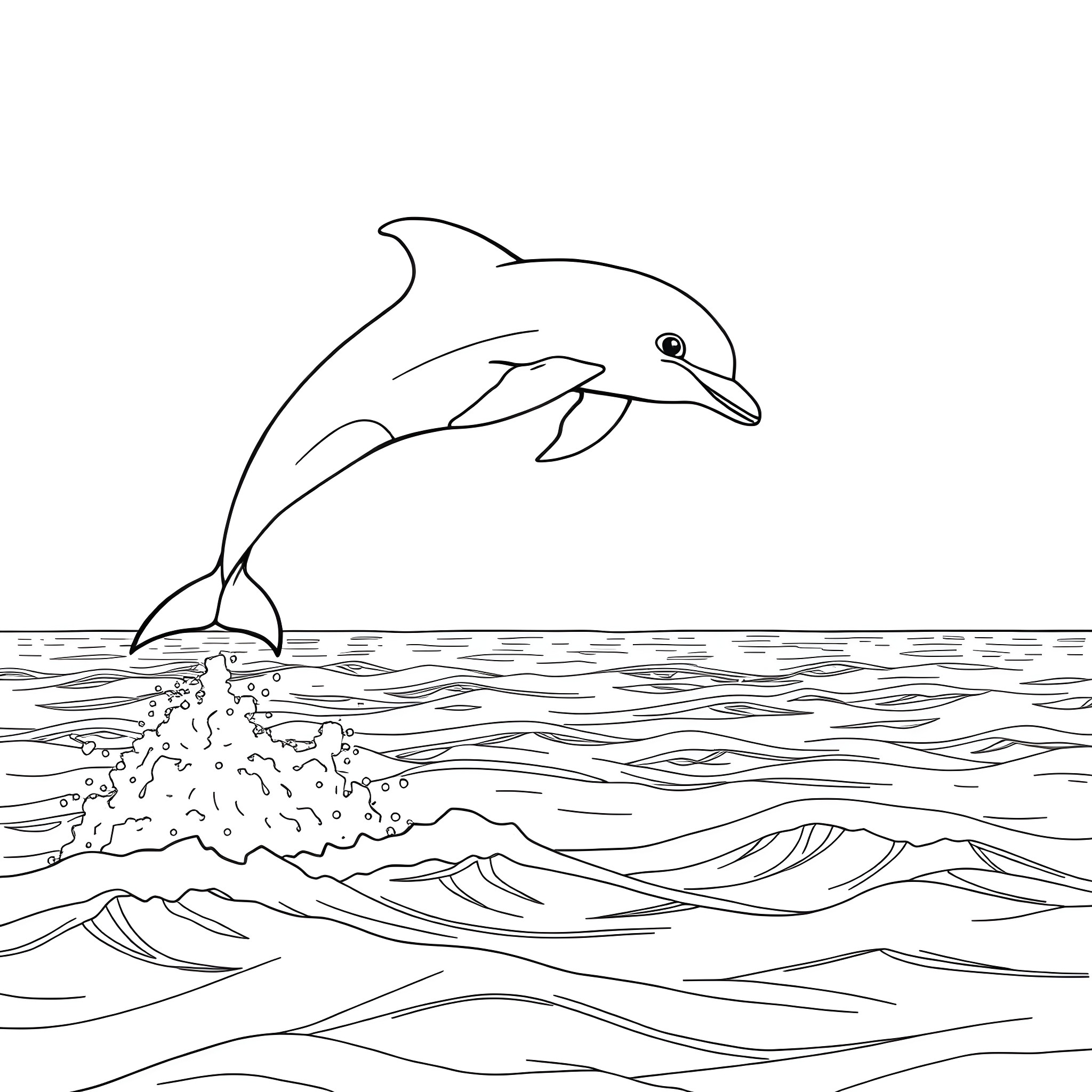 Dolphin leaping out of the ocean waves Coloring Page (free black-and-white line drawing printable PDF for all, from beginners to advanced learners, including children, teens, adults, and seniors)