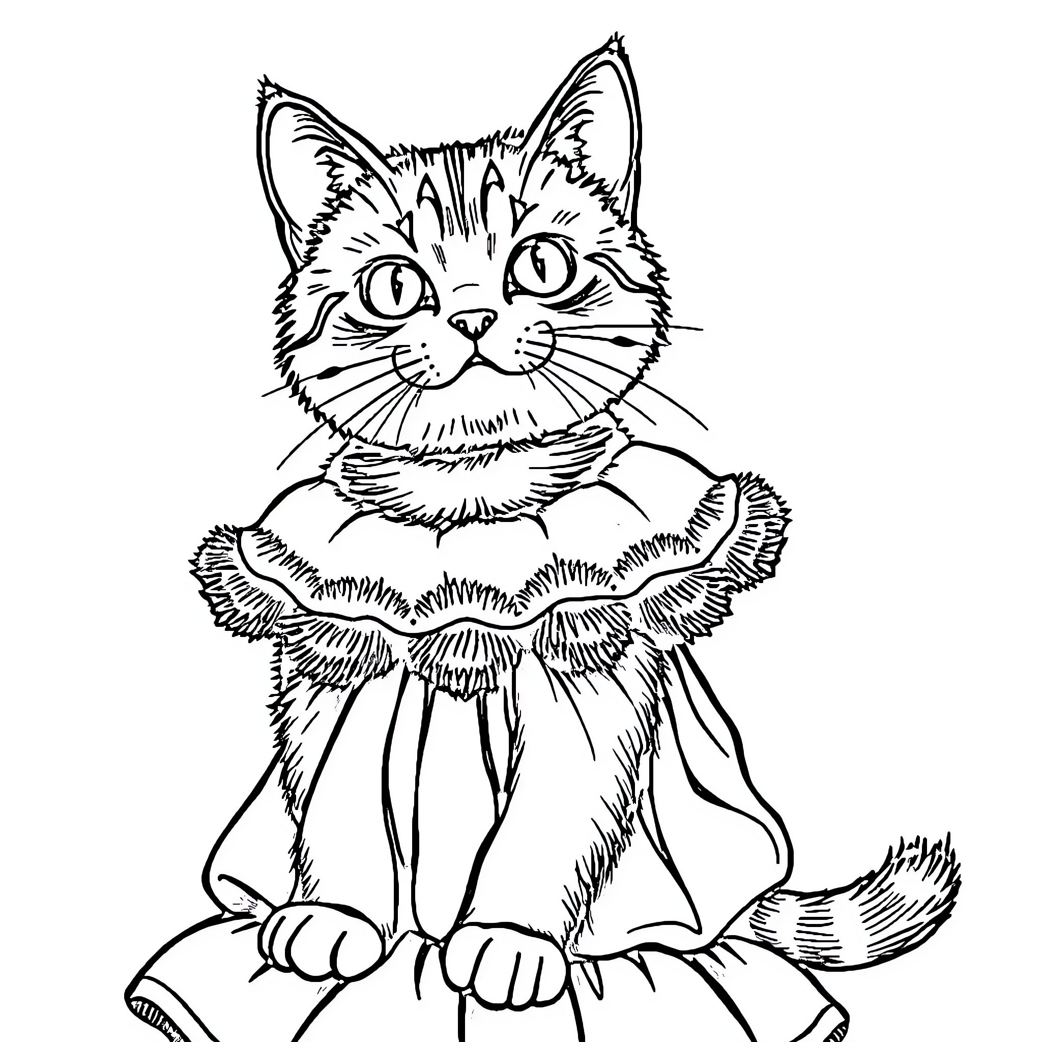 Cat in a Ruffled Outfit Coloring Page (free black-and-white line drawing printable PDF for all, from beginners to advanced learners, including children, teens, adults, and seniors)