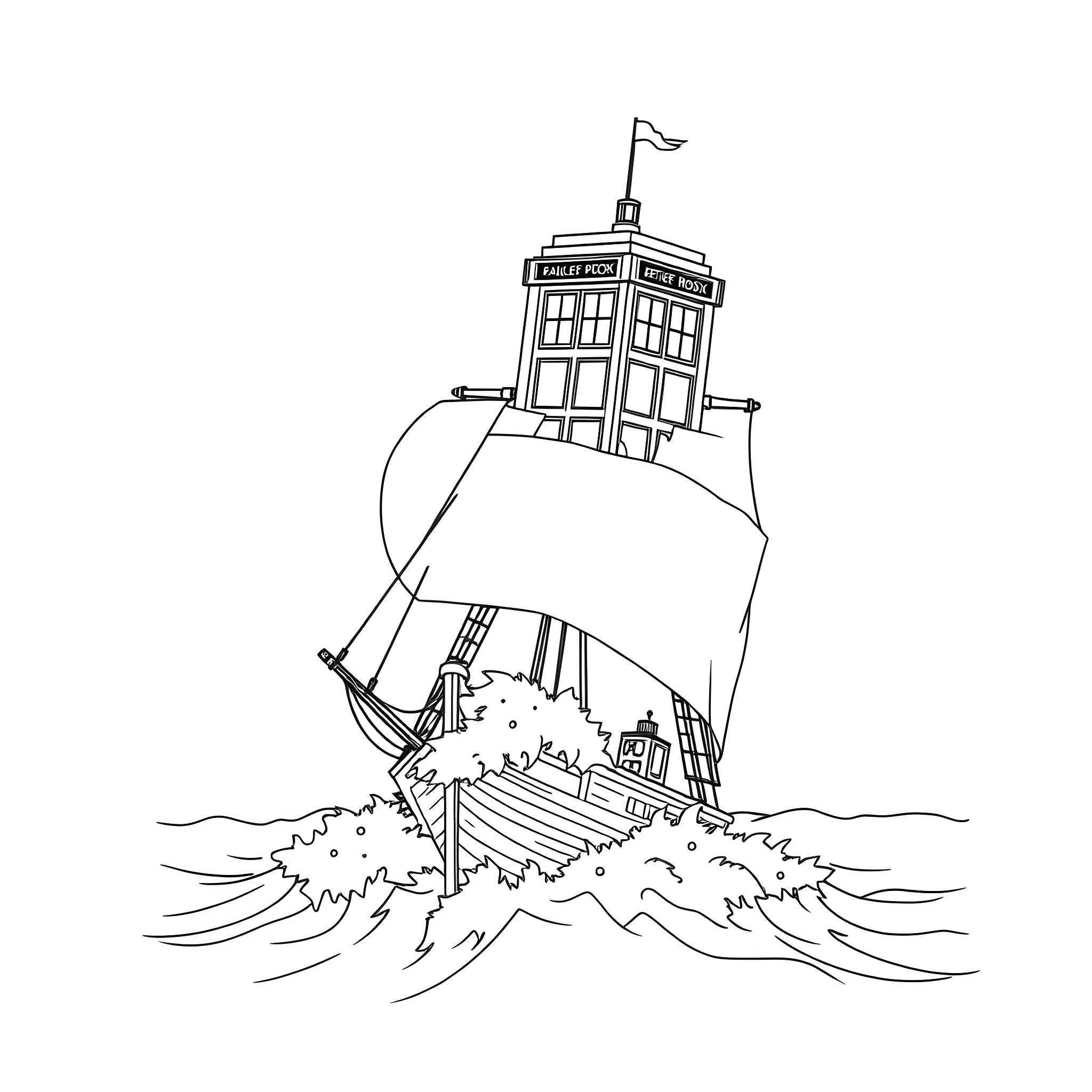 TARDIS riding the stormy seas Coloring Page (free black-and-white line drawing printable PDF for all, from beginners to advanced learners, including children, teens, adults, and seniors)