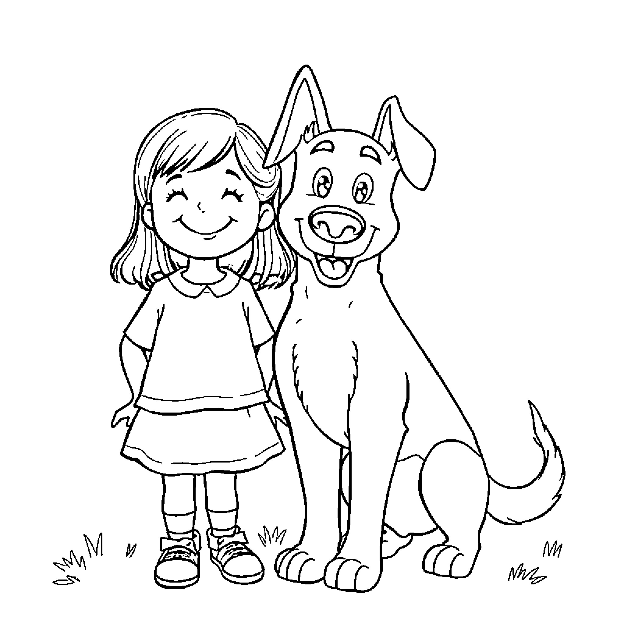 Dog and girl playing together happily Coloring Page (free black-and-white line drawing printable PDF for all, from beginners to advanced learners, including children, teens, adults, and seniors)