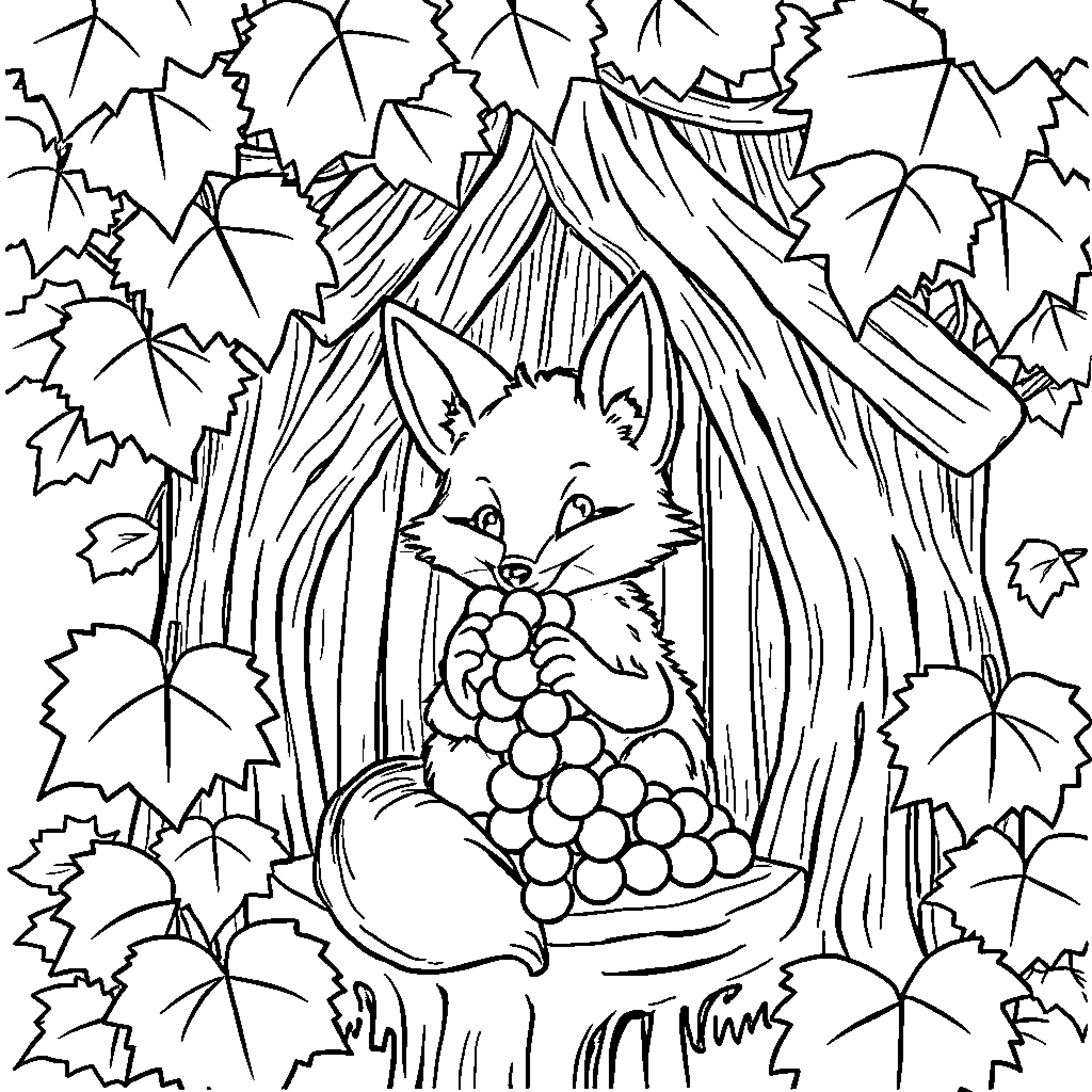 Fox enjoying a fruit-filled autumn scene Coloring Page (free black-and-white line drawing printable PDF for all, from beginners to advanced learners, including children, teens, adults, and seniors)