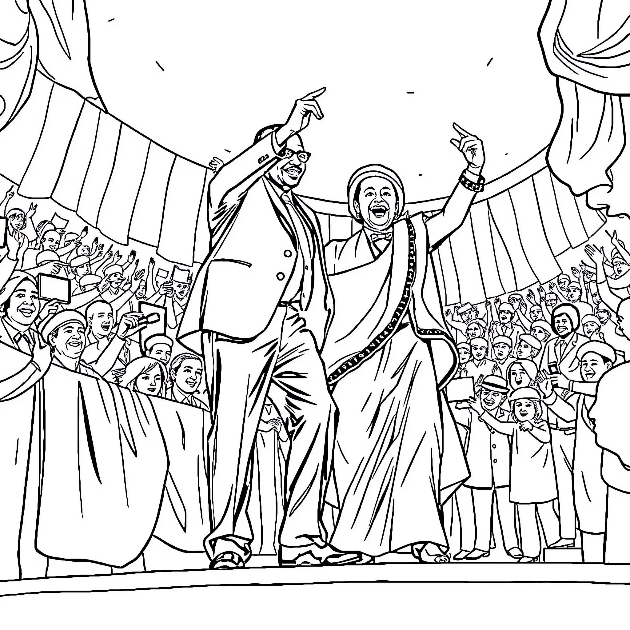President Celebrating Victory with Supporters Coloring Page (free black-and-white line drawing printable PDF for all, from beginners to advanced learners, including children, teens, adults, and seniors)