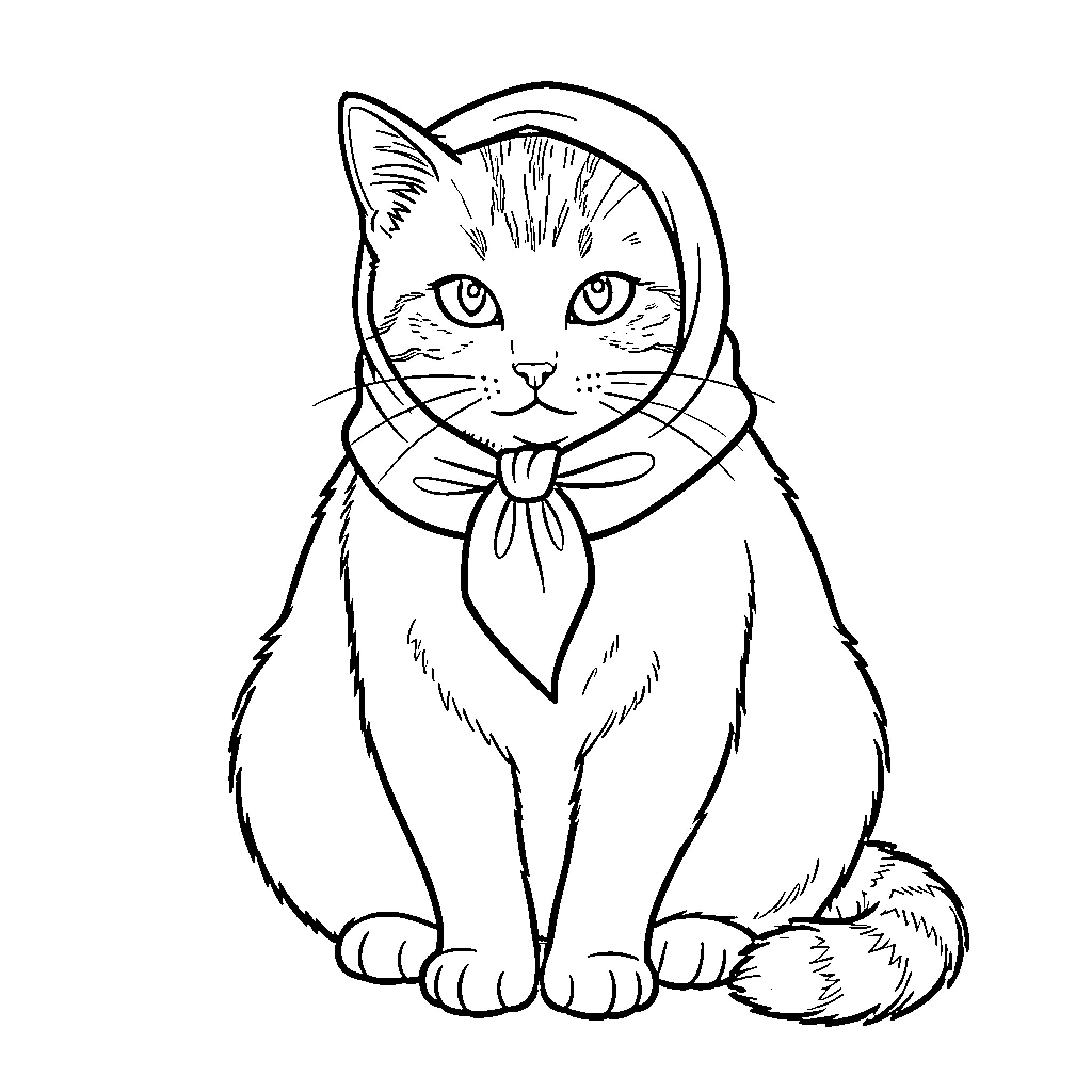 Babooshka Color Cat wearing a traditional headscarf Coloring Page (free black-and-white line drawing printable PDF for all, from beginners to advanced learners, including children, teens, adults, and seniors)
