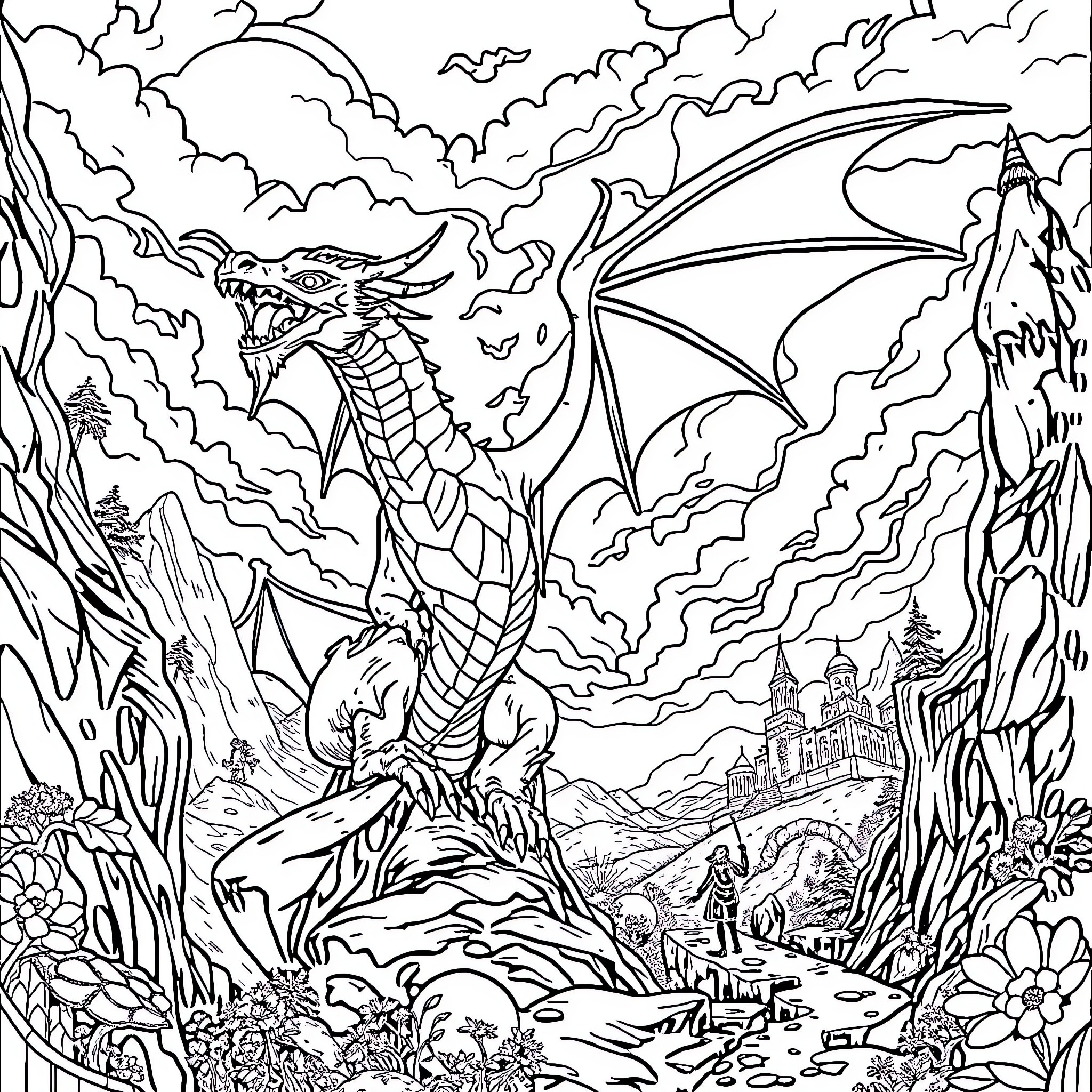 Fourthwing dragon's majestic presence in a fantastical landscape Coloring Page (free black-and-white line drawing printable PDF for all, from beginners to advanced learners, including children, teens, adults, and seniors)