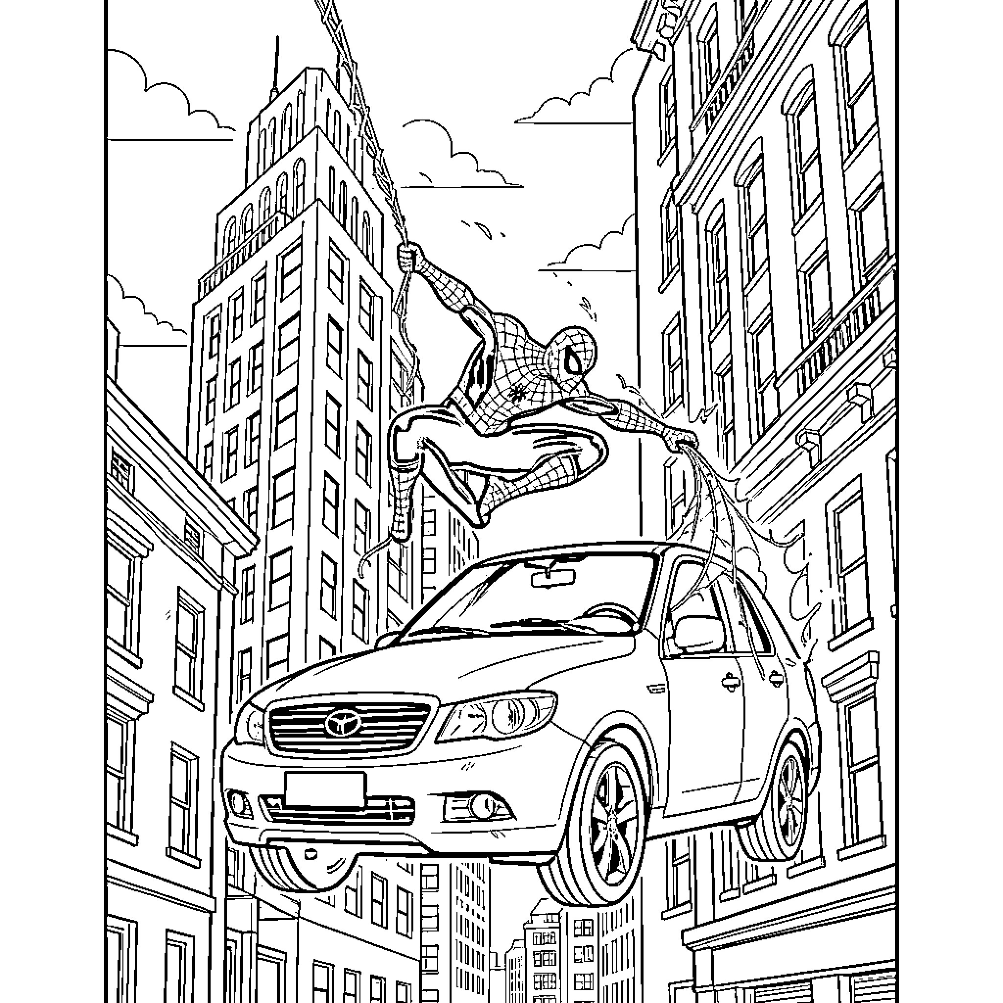 Spiderman swinging through the city over a car Coloring Page (free black-and-white line drawing printable PDF for all, from beginners to advanced learners, including children, teens, adults, and seniors)