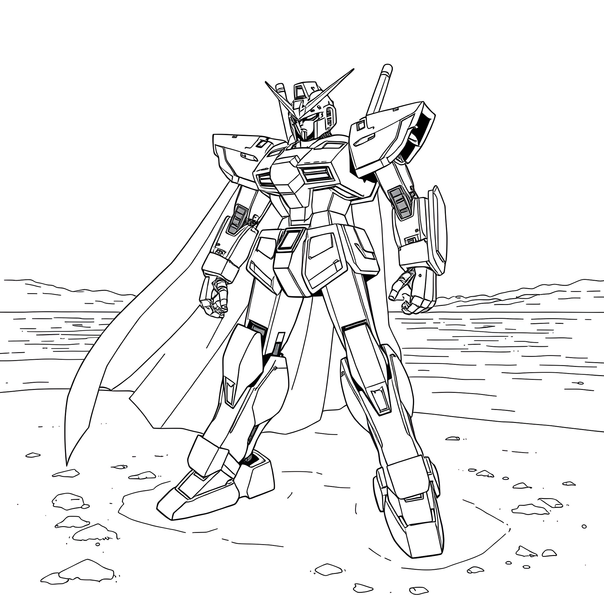Crossbone Gundam in Dramatic Pose on Barren Landscape Coloring Page (free black-and-white line drawing printable PDF for all, from beginners to advanced learners, including children, teens, adults, and seniors)