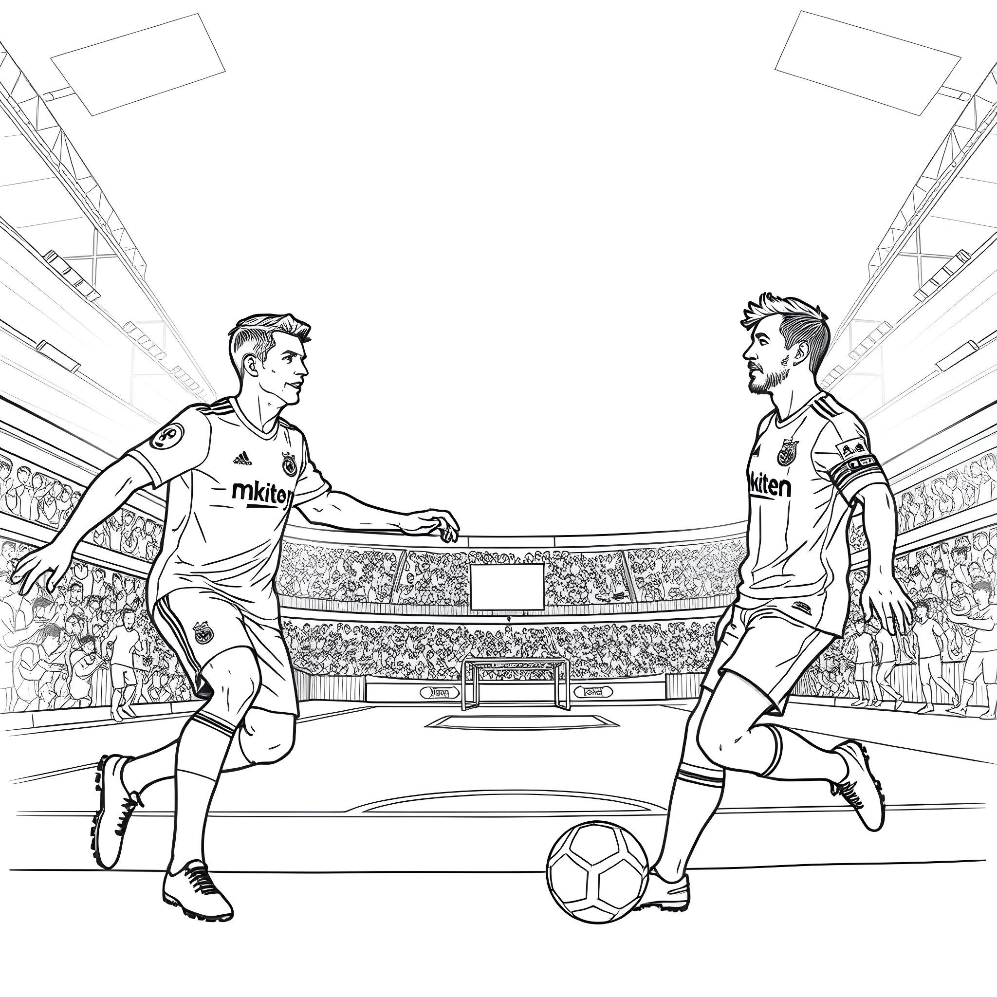 Cristiano Ronaldo Faces Off Against Another Player on the Soccer Field Coloring Page (free black-and-white line drawing printable PDF for all, from beginners to advanced learners, including children, teens, adults, and seniors)