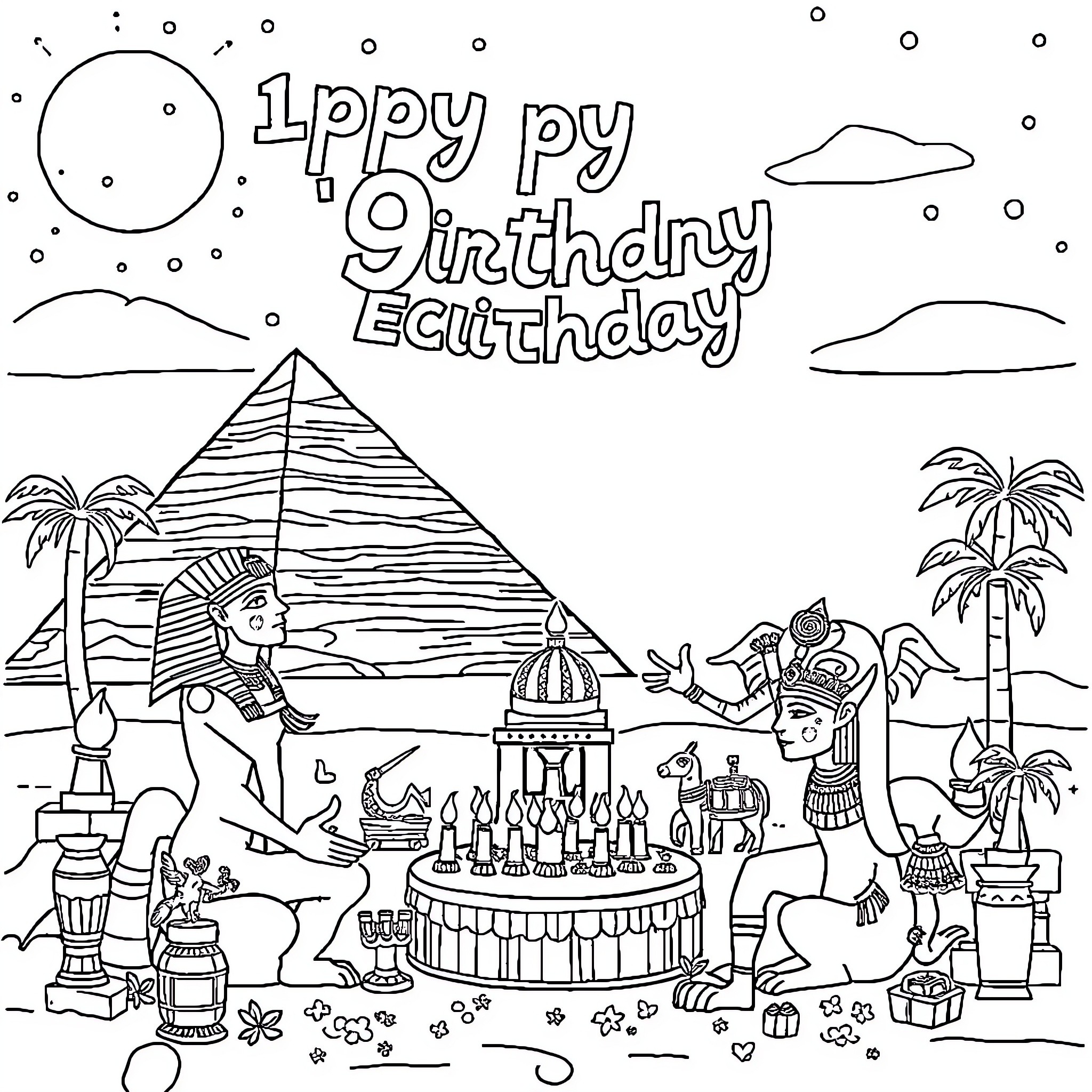 Egypt themed birthday party celebration Coloring Page (free black-and-white line drawing printable PDF for all, from beginners to advanced learners, including children, teens, adults, and seniors)
