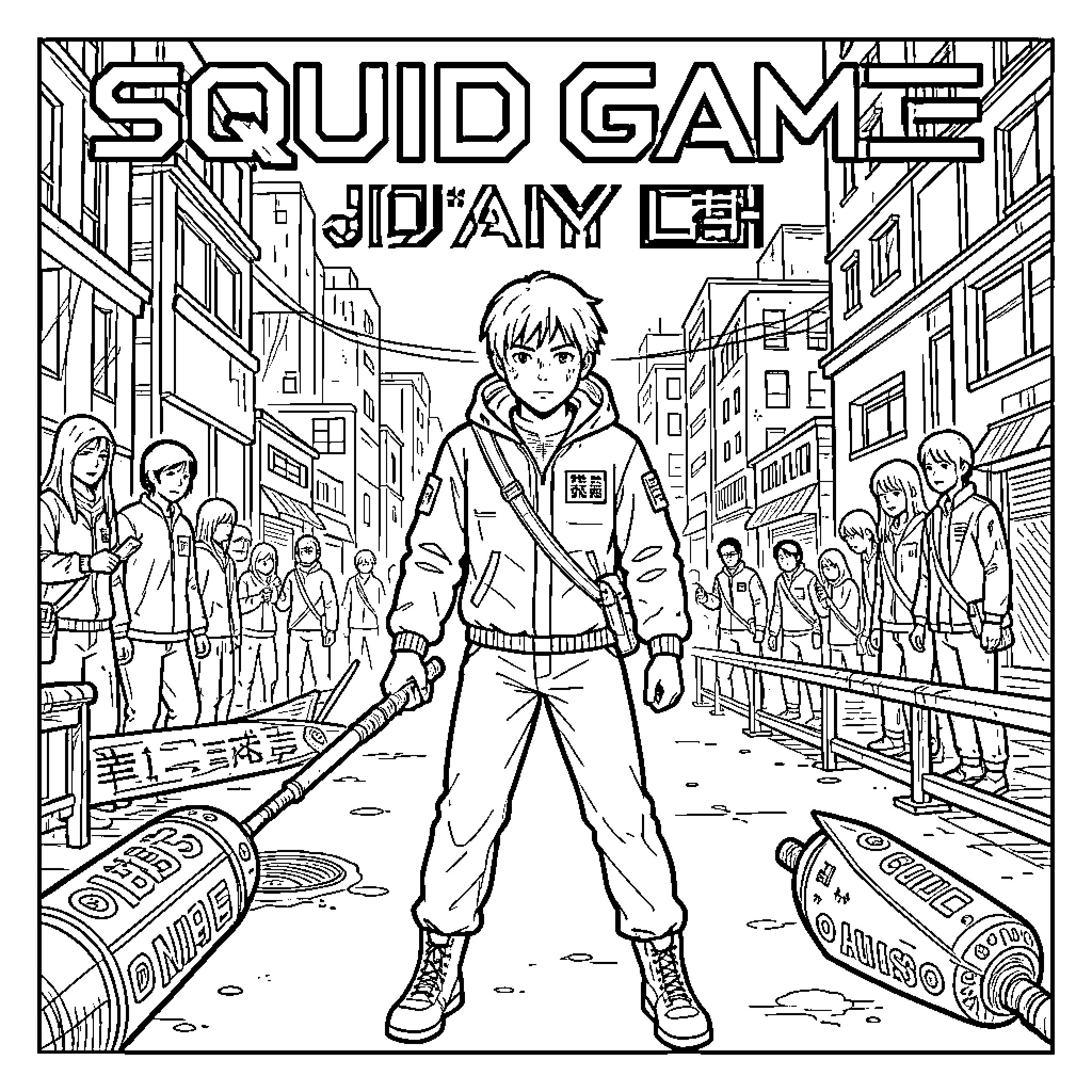 Squid Game characters standing in a city street Coloring Page (free black-and-white line drawing printable PDF for all, from beginners to advanced learners, including children, teens, adults, and seniors)