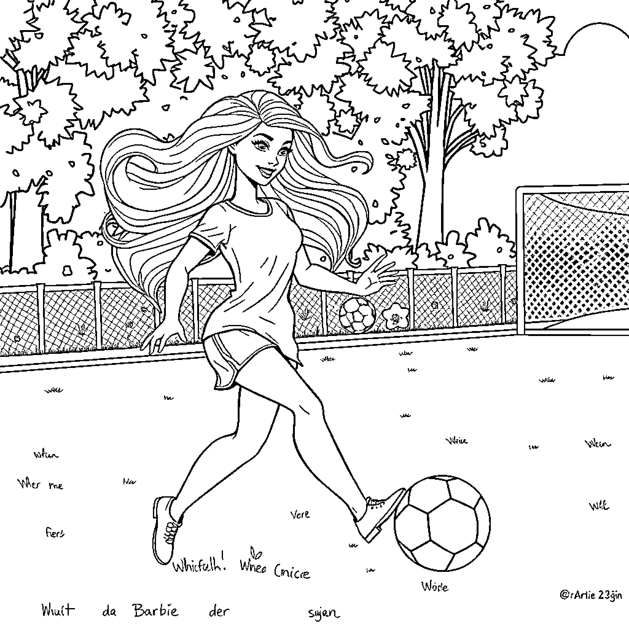 Barbie playing with a soccer ball in the park Coloring Page (free black-and-white line drawing printable PDF for all, from beginners to advanced learners, including children, teens, adults, and seniors)