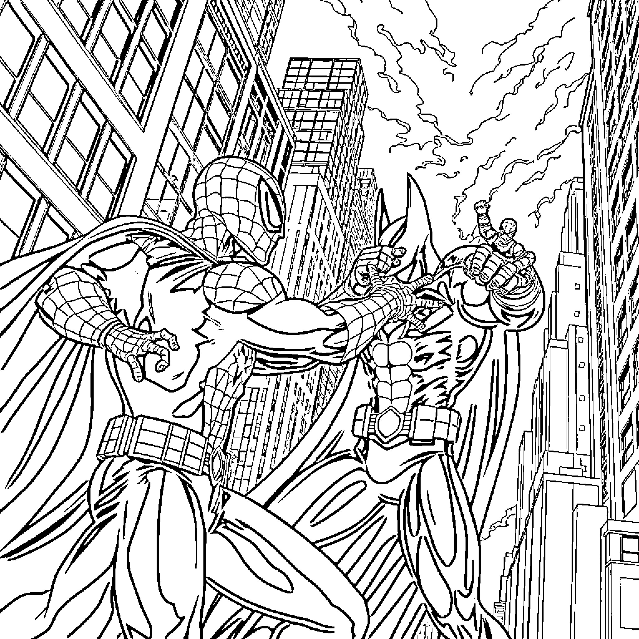 Spiderman battles villains in the city Coloring Page (free black-and-white line drawing printable PDF for all, from beginners to advanced learners, including children, teens, adults, and seniors)
