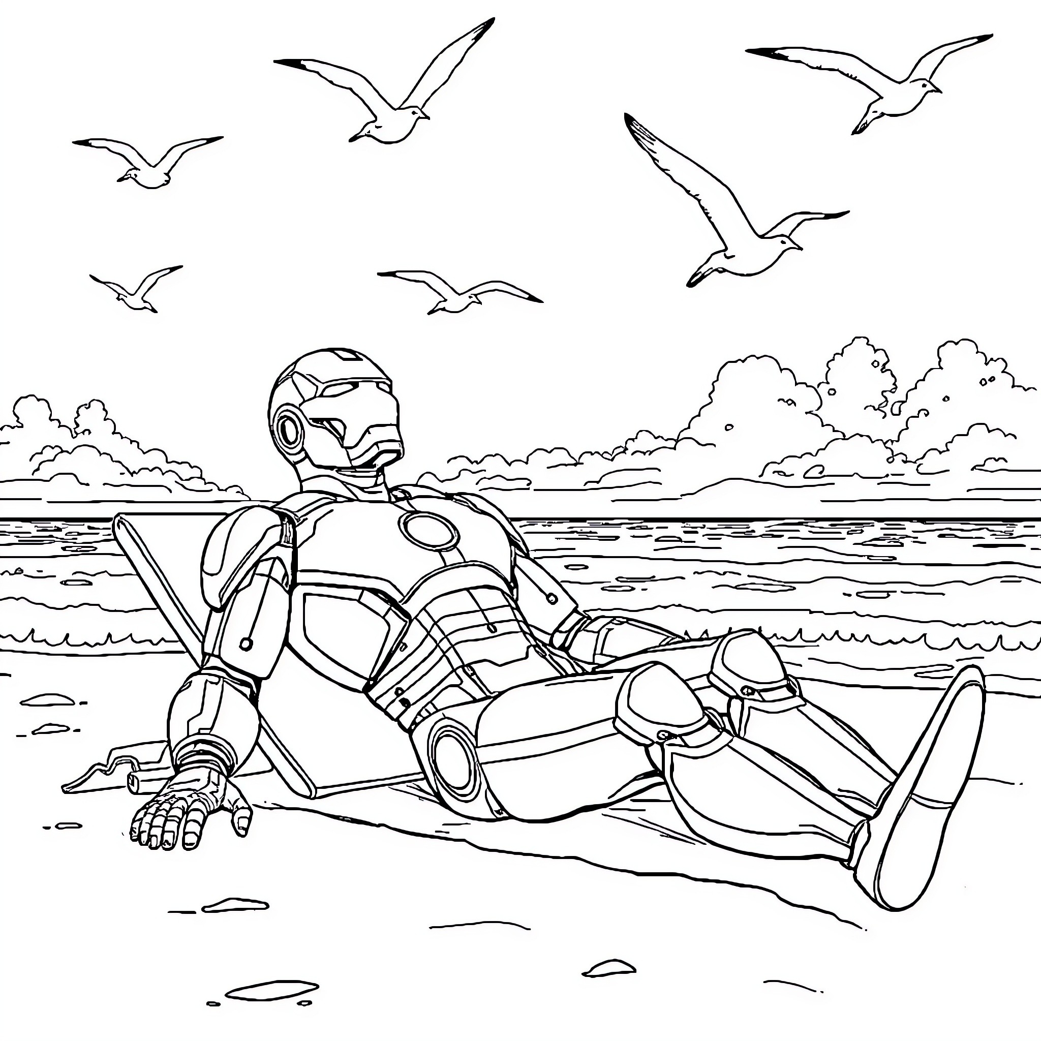 Iron Man relaxing on the beach with seagulls Coloring Page (free black-and-white line drawing printable PDF for all, from beginners to advanced learners, including children, teens, adults, and seniors)