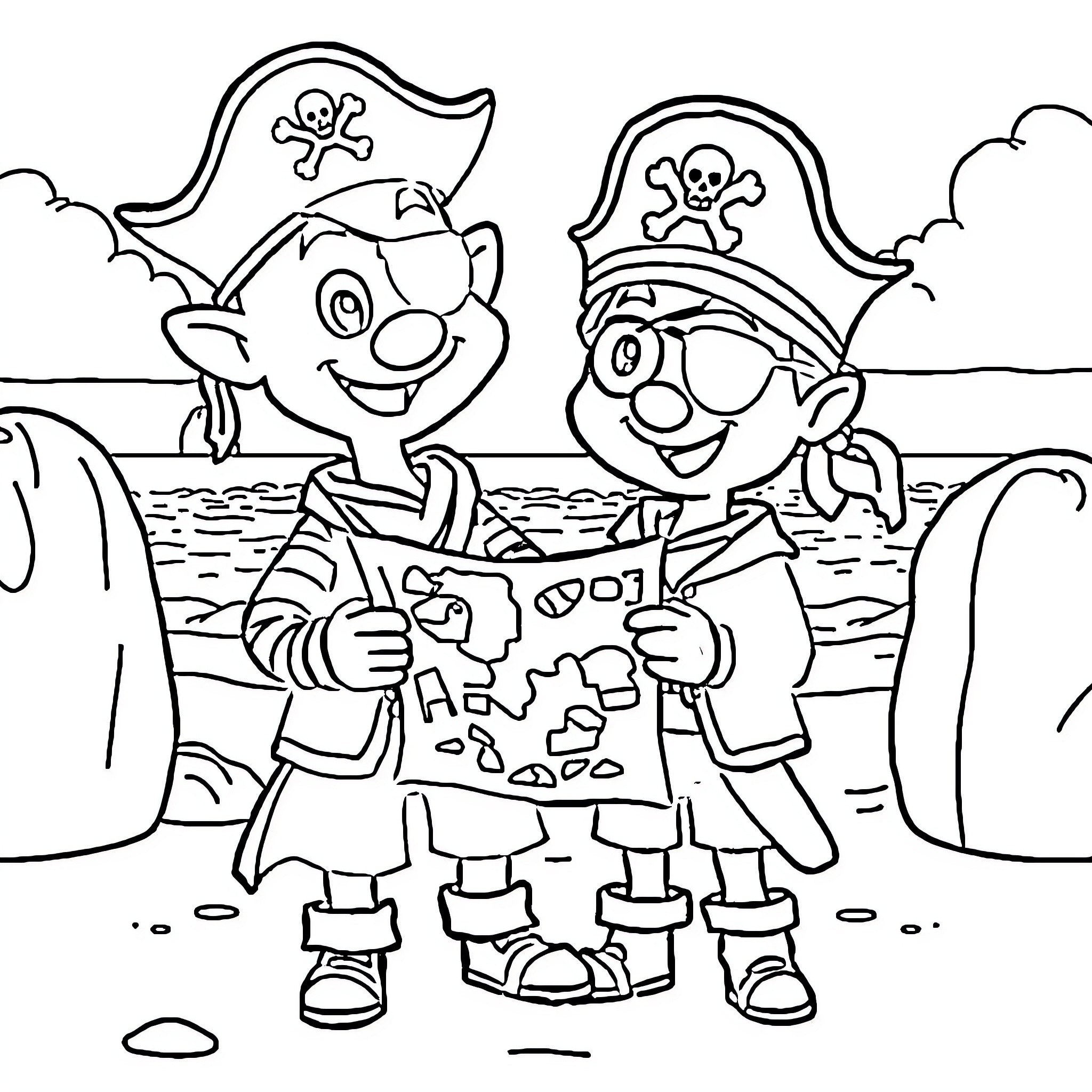 Bluey and friends' pirate adventure Coloring Page (free black-and-white line drawing printable PDF for all, from beginners to advanced learners, including children, teens, adults, and seniors)