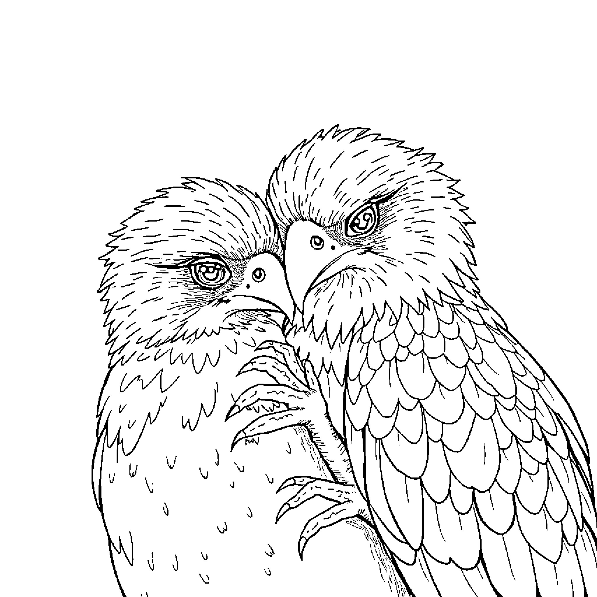 Raptor duo in fierce embrace Coloring Page (free black-and-white line drawing printable PDF for all, from beginners to advanced learners, including children, teens, adults, and seniors)