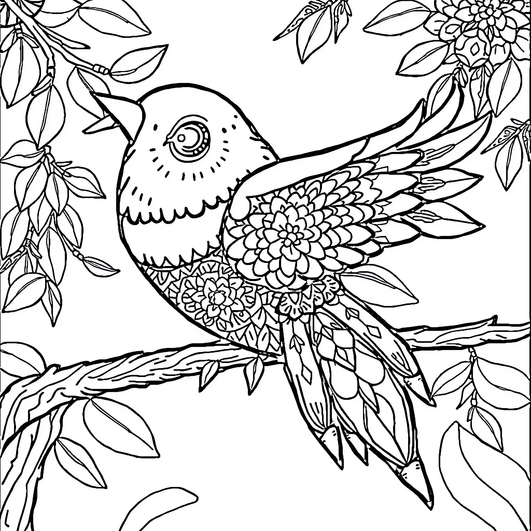 Mandala of a detailed bird on a branch Coloring Page (free black-and-white line drawing printable PDF for all, from beginners to advanced learners, including children, teens, adults, and seniors)
