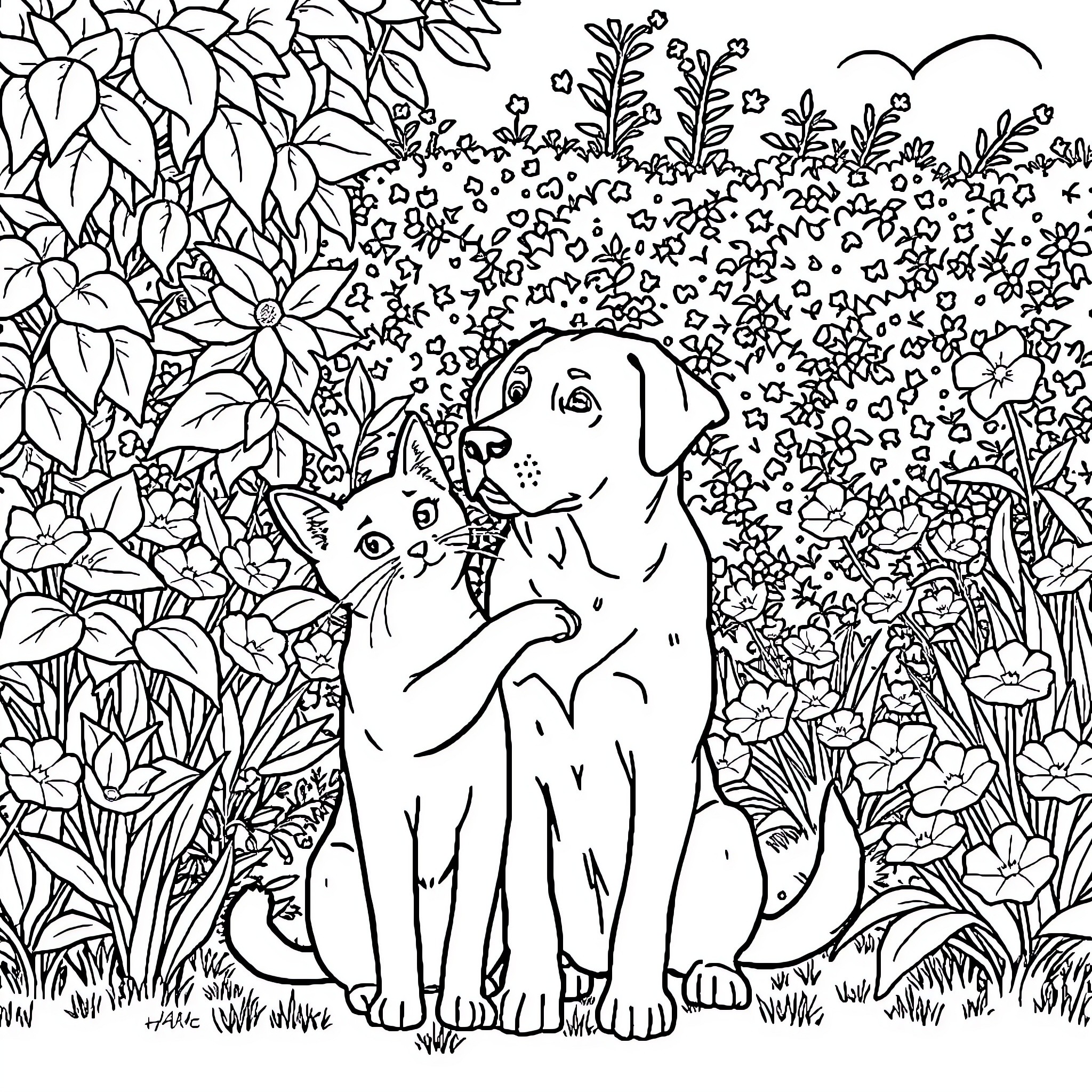 Cat and Dog Exploring the Garden Coloring Page (free black-and-white line drawing printable PDF for all, from beginners to advanced learners, including children, teens, adults, and seniors)