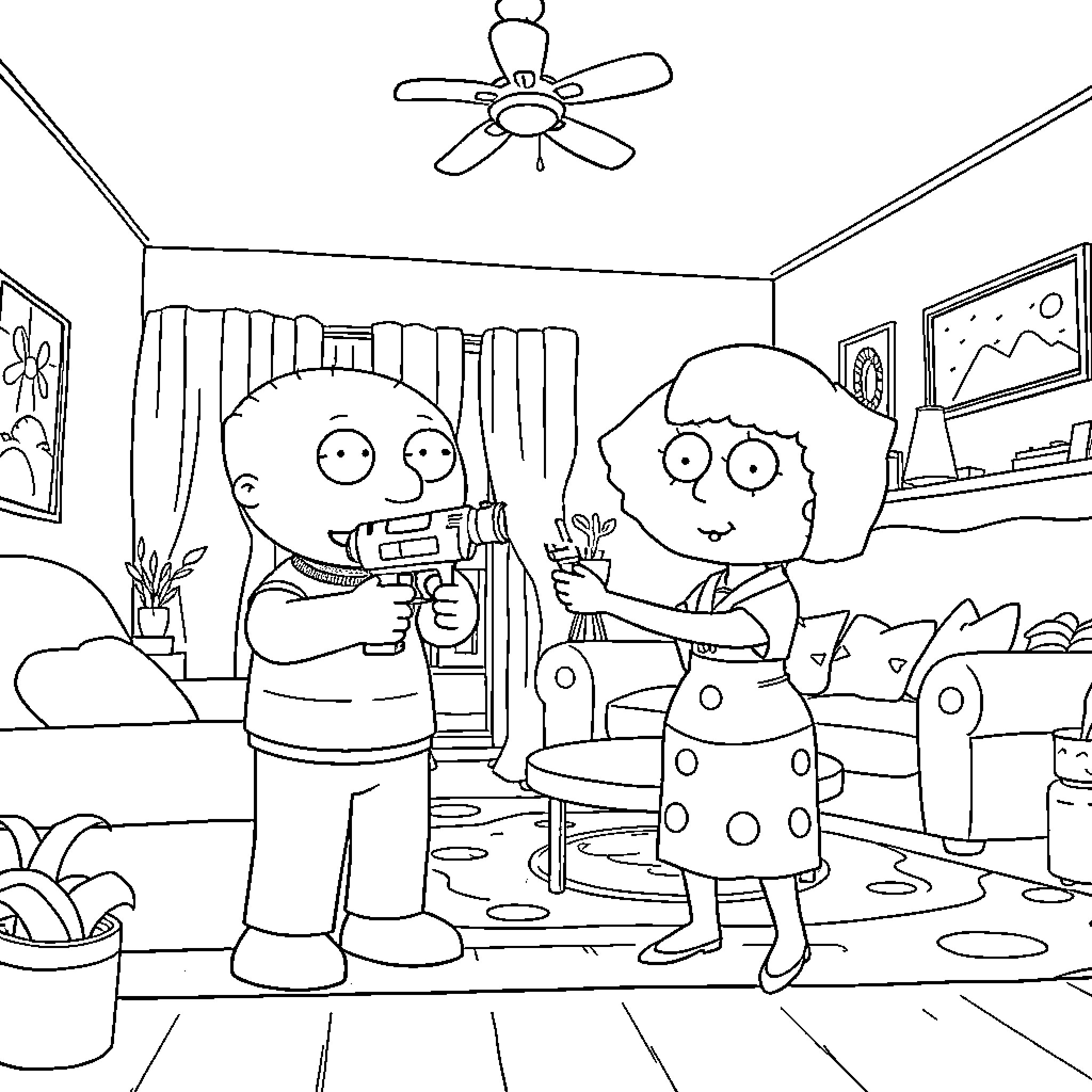 Stewie Griffin and Sibling Playing in a Cozy Room Coloring Page (free black-and-white line drawing printable PDF for all, from beginners to advanced learners, including children, teens, adults, and seniors)