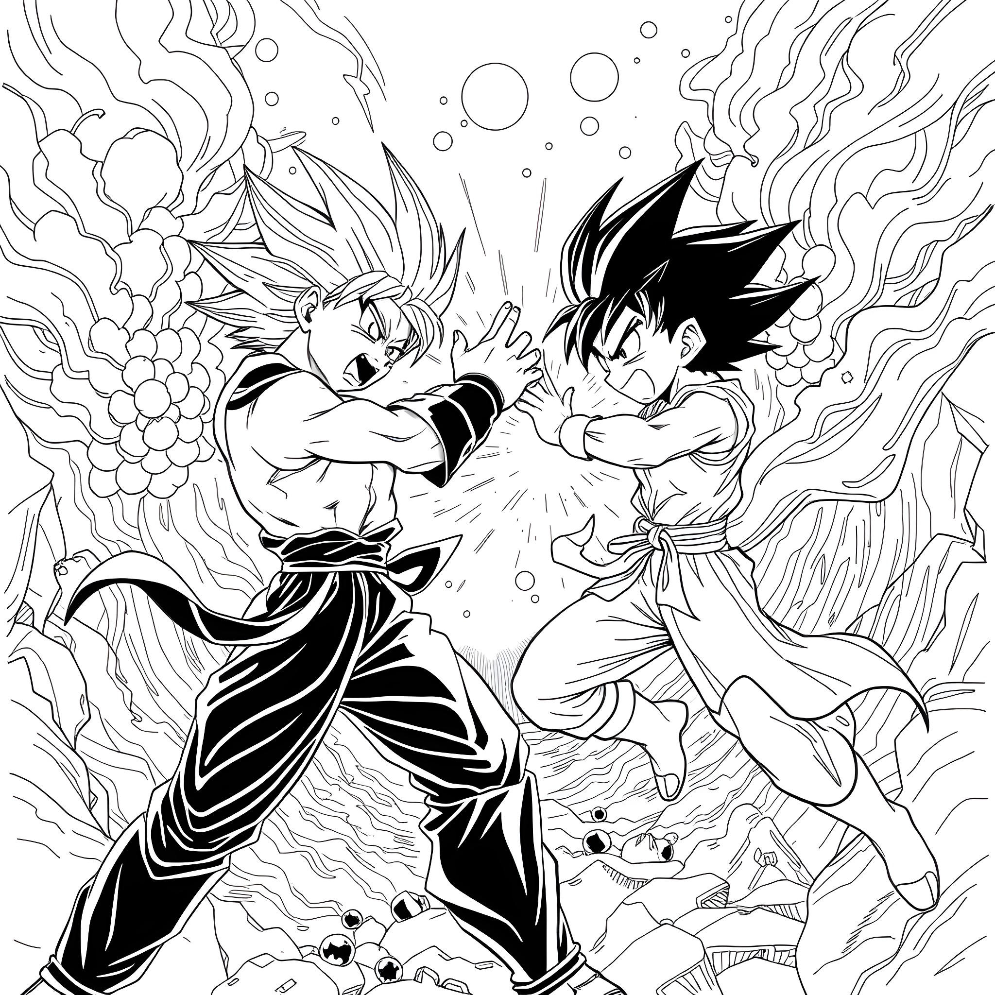Killua's Fierce Battle with Gon Coloring Page (free black-and-white line drawing printable PDF for all, from beginners to advanced learners, including children, teens, adults, and seniors)