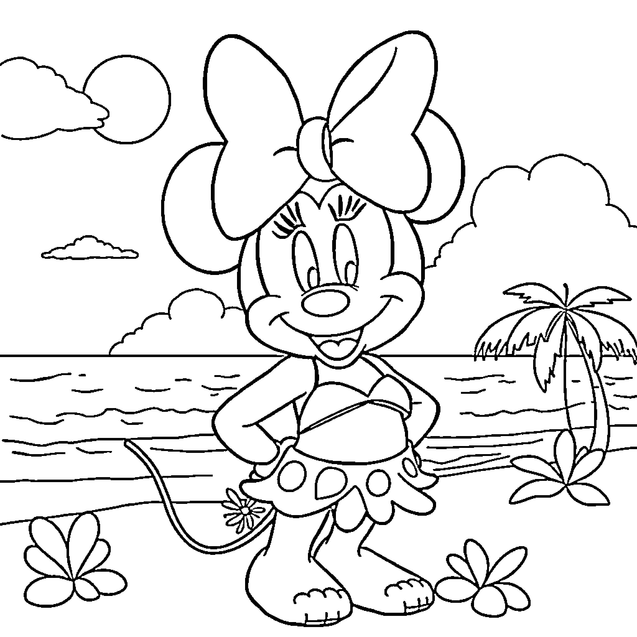 Minnie Mouse enjoying a day at the beach Coloring Page (free black-and-white line drawing printable PDF for all, from beginners to advanced learners, including children, teens, adults, and seniors)