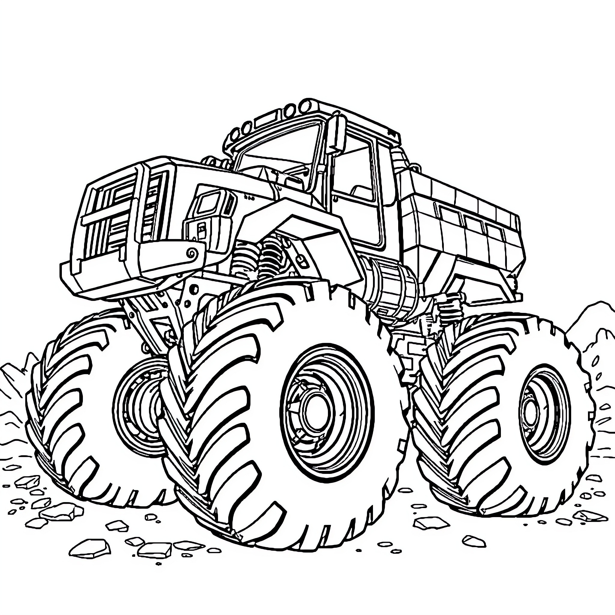 Monster Truck Tackling Rugged Terrain Coloring Page (free black-and-white line drawing printable PDF for all, from beginners to advanced learners, including children, teens, adults, and seniors)