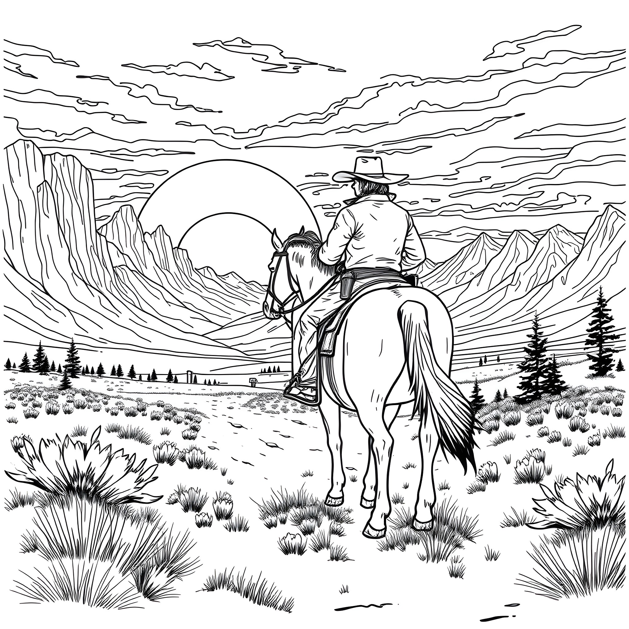 Red Dead Redemption: Lone Rider in the Vast Wilderness Coloring Page (free black-and-white line drawing printable PDF for all, from beginners to advanced learners, including children, teens, adults, and seniors)
