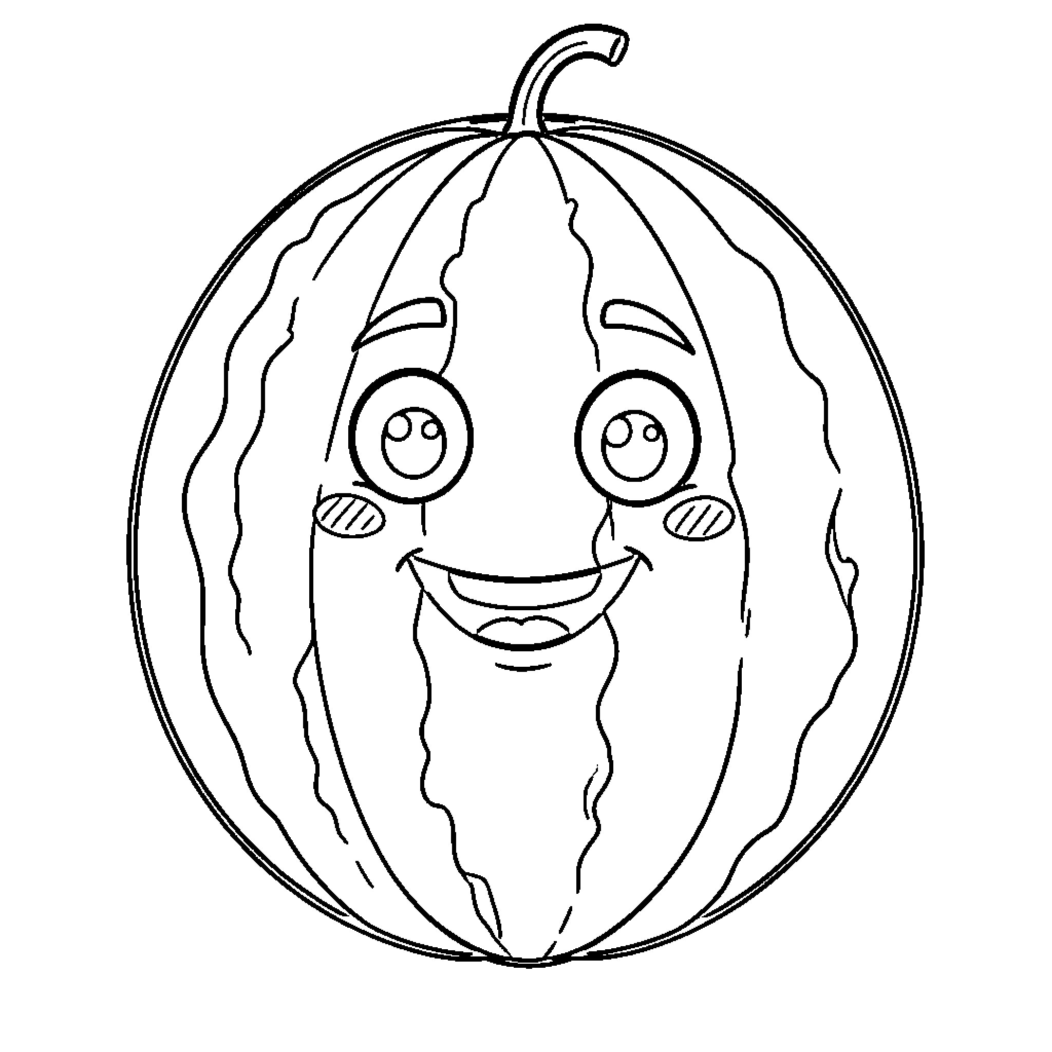 Watermelon character smiling with a happy expression Coloring Page (free black-and-white line drawing printable PDF for all, from beginners to advanced learners, including children, teens, adults, and seniors)