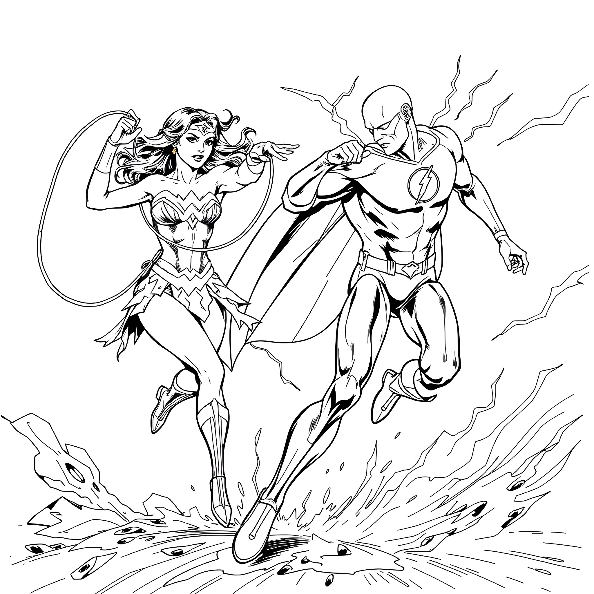 Wonder Woman and The Flash Fighting Villains Coloring Page (free black-and-white line drawing printable PDF for all, from beginners to advanced learners, including children, teens, adults, and seniors)