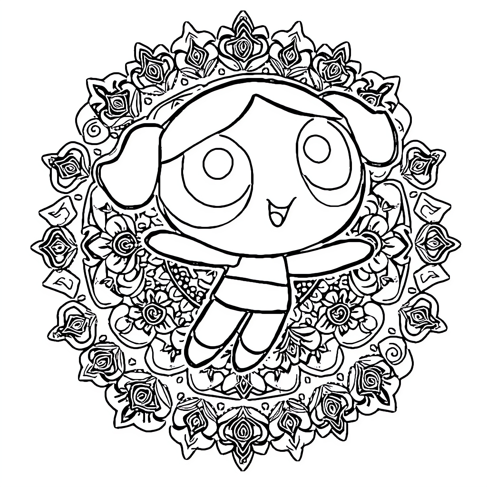 Bubbles surrounded by floral mandala pattern Coloring Page (free black-and-white line drawing printable PDF for all, from beginners to advanced learners, including children, teens, adults, and seniors)